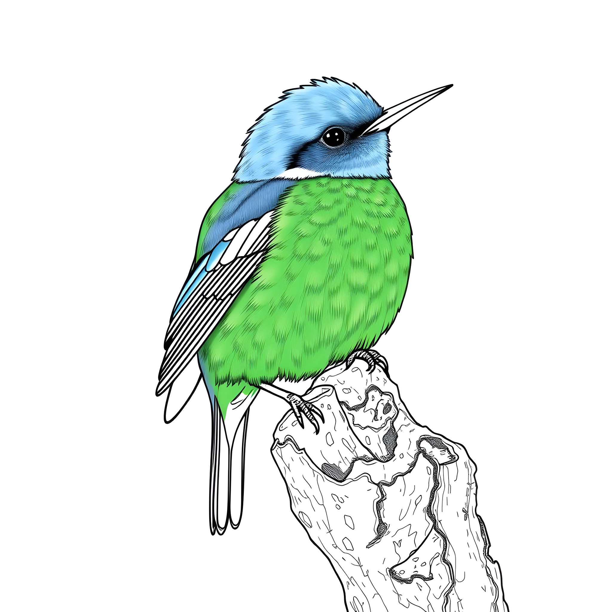 Dacnis bird perched on a branch Coloring Page (free black-and-white line drawing printable PDF for all, from beginners to advanced learners, including children, teens, adults, and seniors)