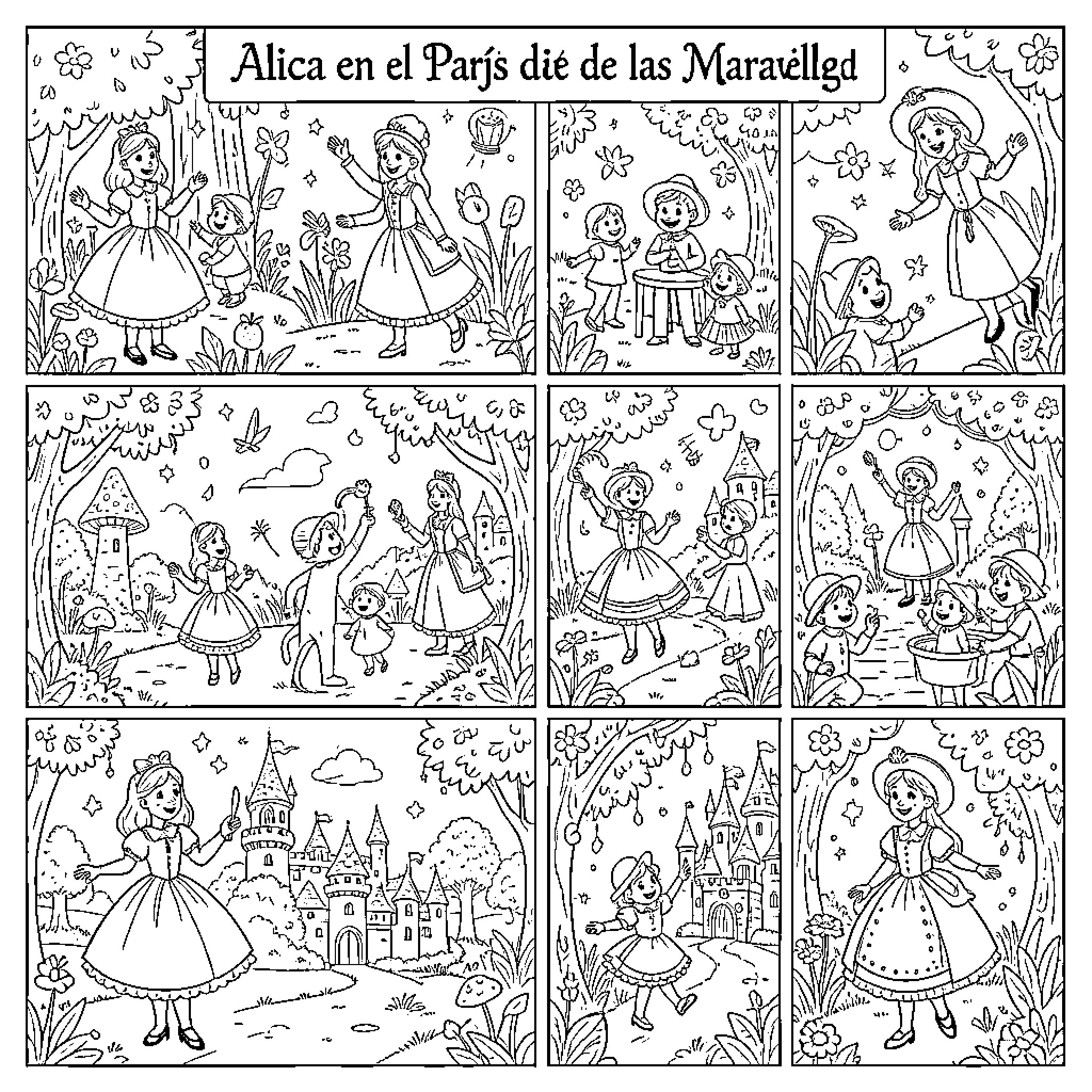 Alicia's Magical Adventure in Paris Coloring Page (free black-and-white line drawing printable PDF for all, from beginners to advanced learners, including children, teens, adults, and seniors)