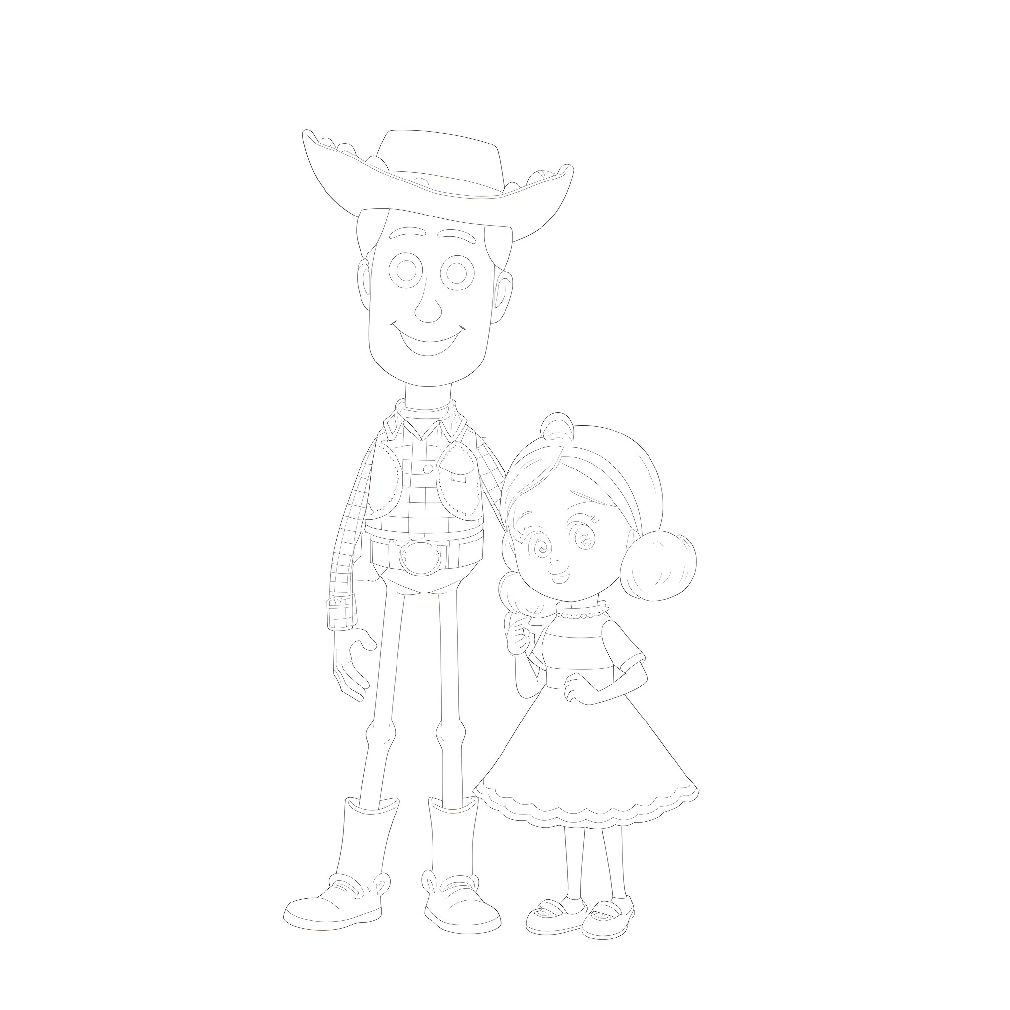 Woody and Bo Peep in an outfitted adventure Coloring Page (free black-and-white line drawing printable PDF for all, from beginners to advanced learners, including children, teens, adults, and seniors)