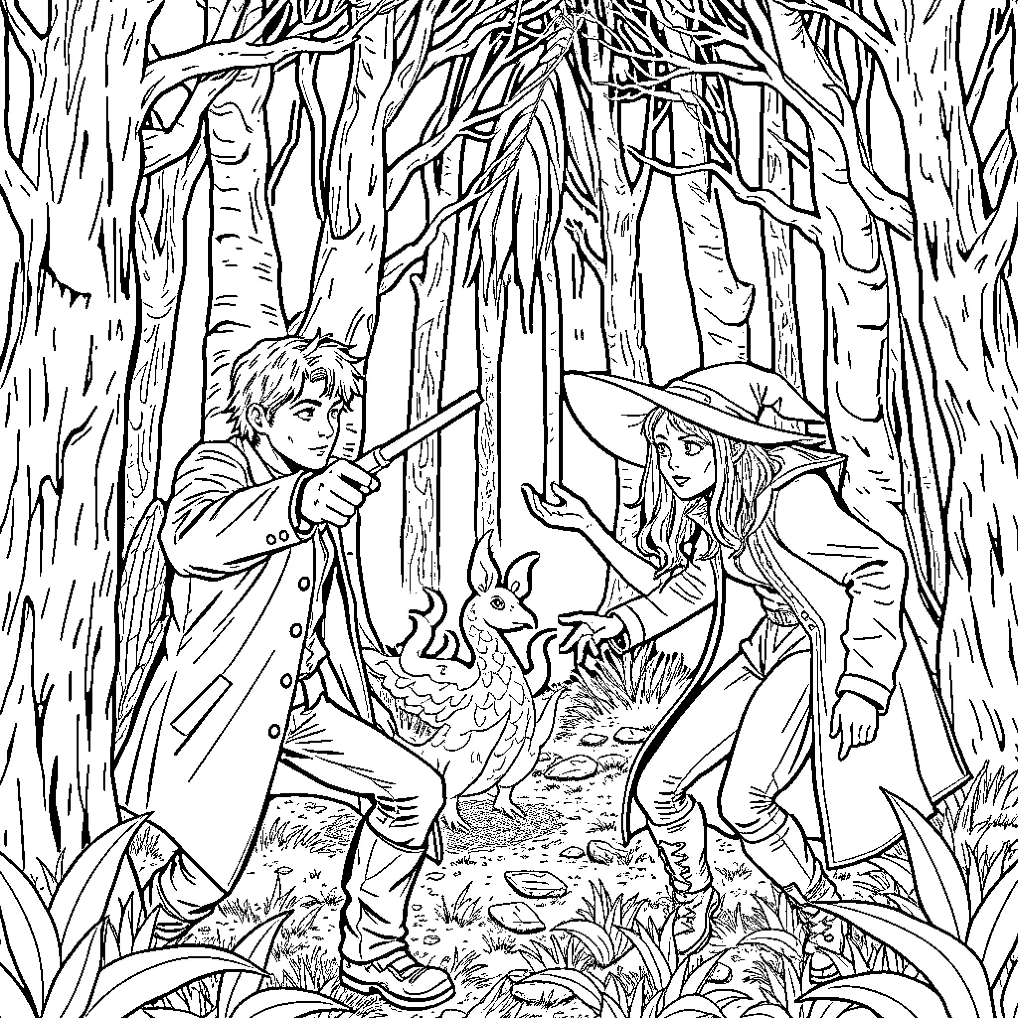 Sam and Dean explore a mysterious forest Coloring Page (free black-and-white line drawing printable PDF for all, from beginners to advanced learners, including children, teens, adults, and seniors)