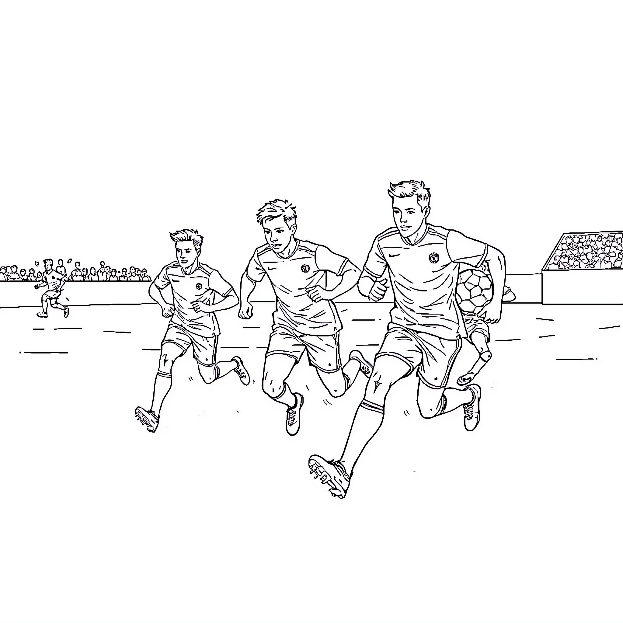 Football players in action on the field Coloring Page (free black-and-white line drawing printable PDF for all, from beginners to advanced learners, including children, teens, adults, and seniors)