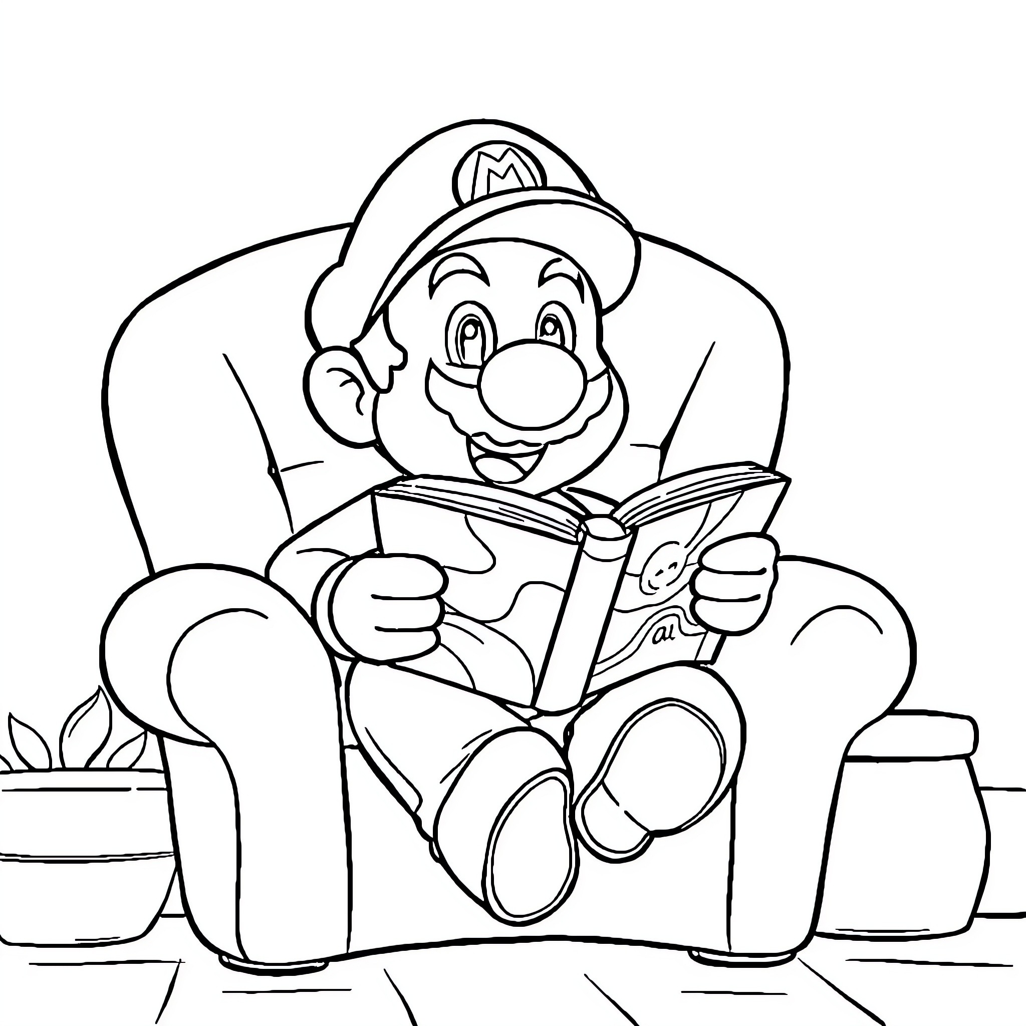 Mario reading a book on the couch Coloring Page (free black-and-white line drawing printable PDF for all, from beginners to advanced learners, including children, teens, adults, and seniors)