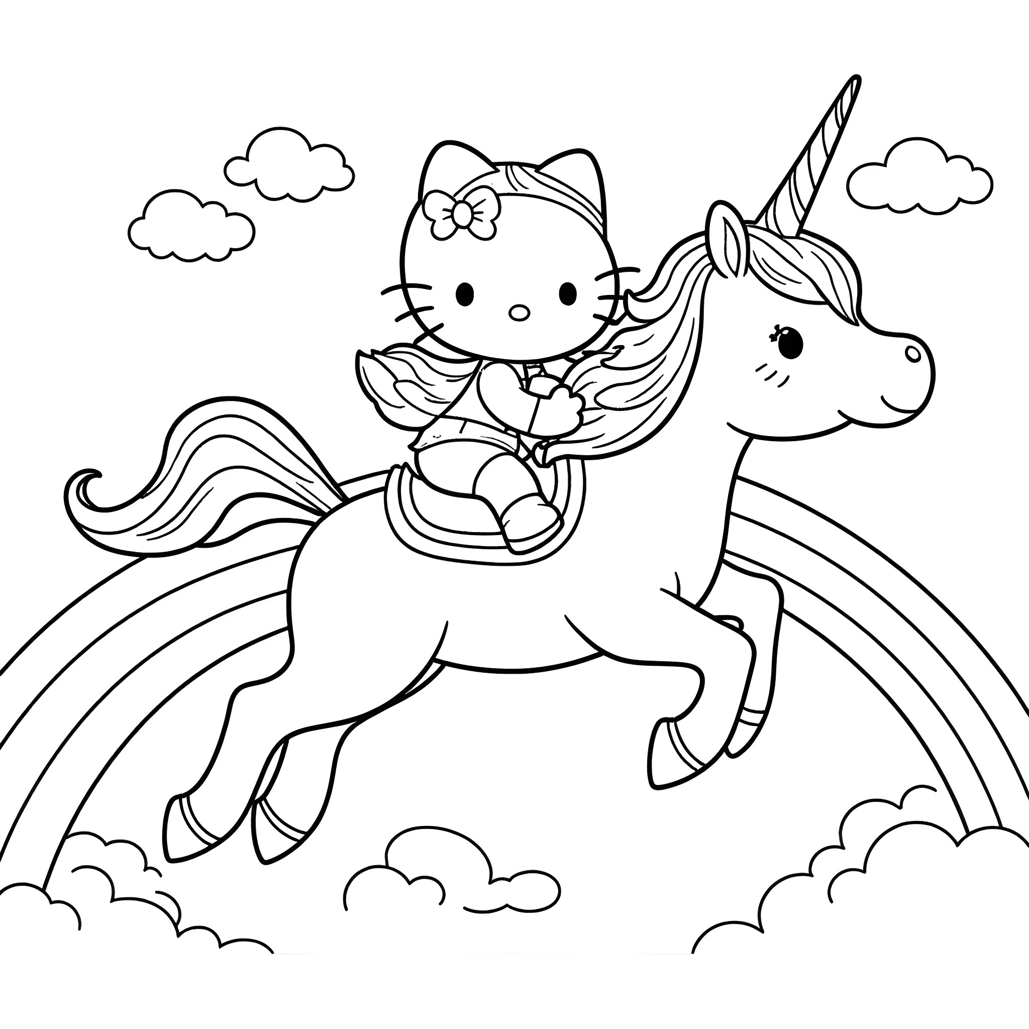 Hello Kitty riding a unicorn in the sky Coloring Page (free black-and-white line drawing printable PDF for all, from beginners to advanced learners, including children, teens, adults, and seniors)
