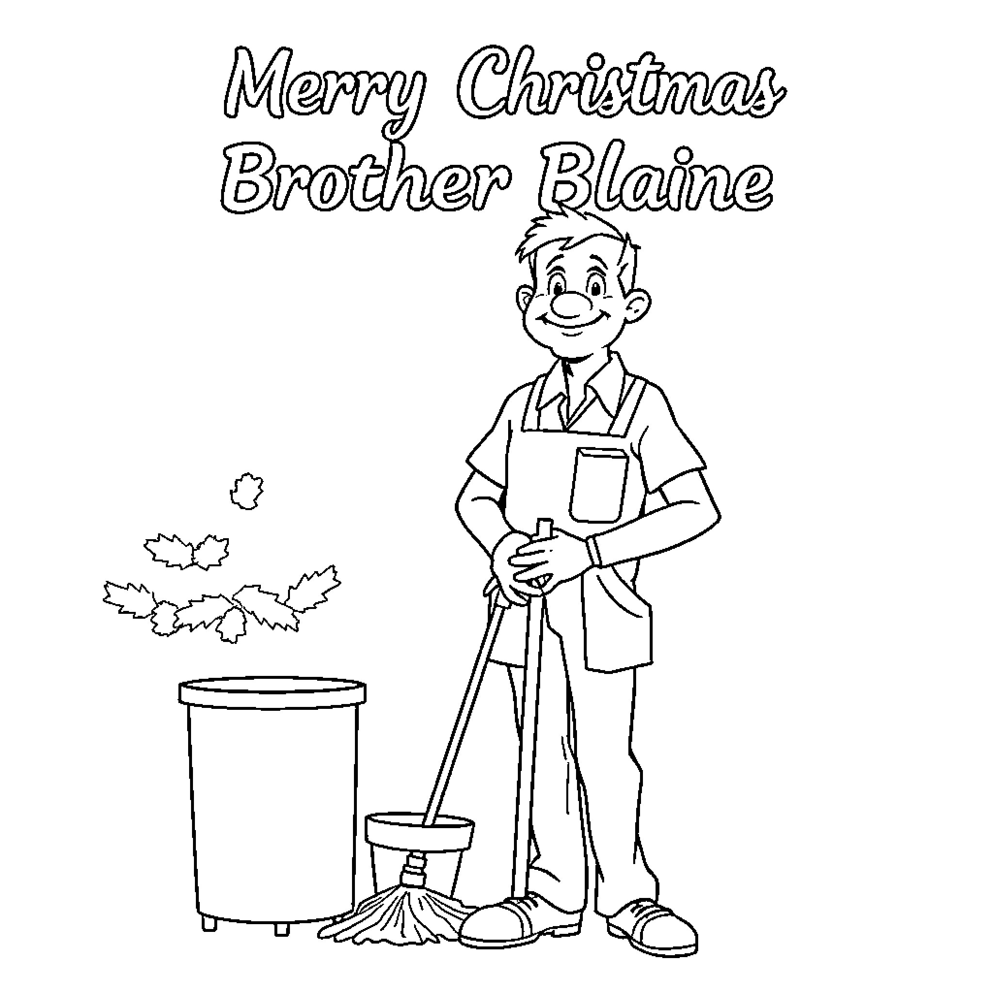 Gentleman cheerfully cleaning the house for Christmas Coloring Page (free black-and-white line drawing printable PDF for all, from beginners to advanced learners, including children, teens, adults, and seniors)