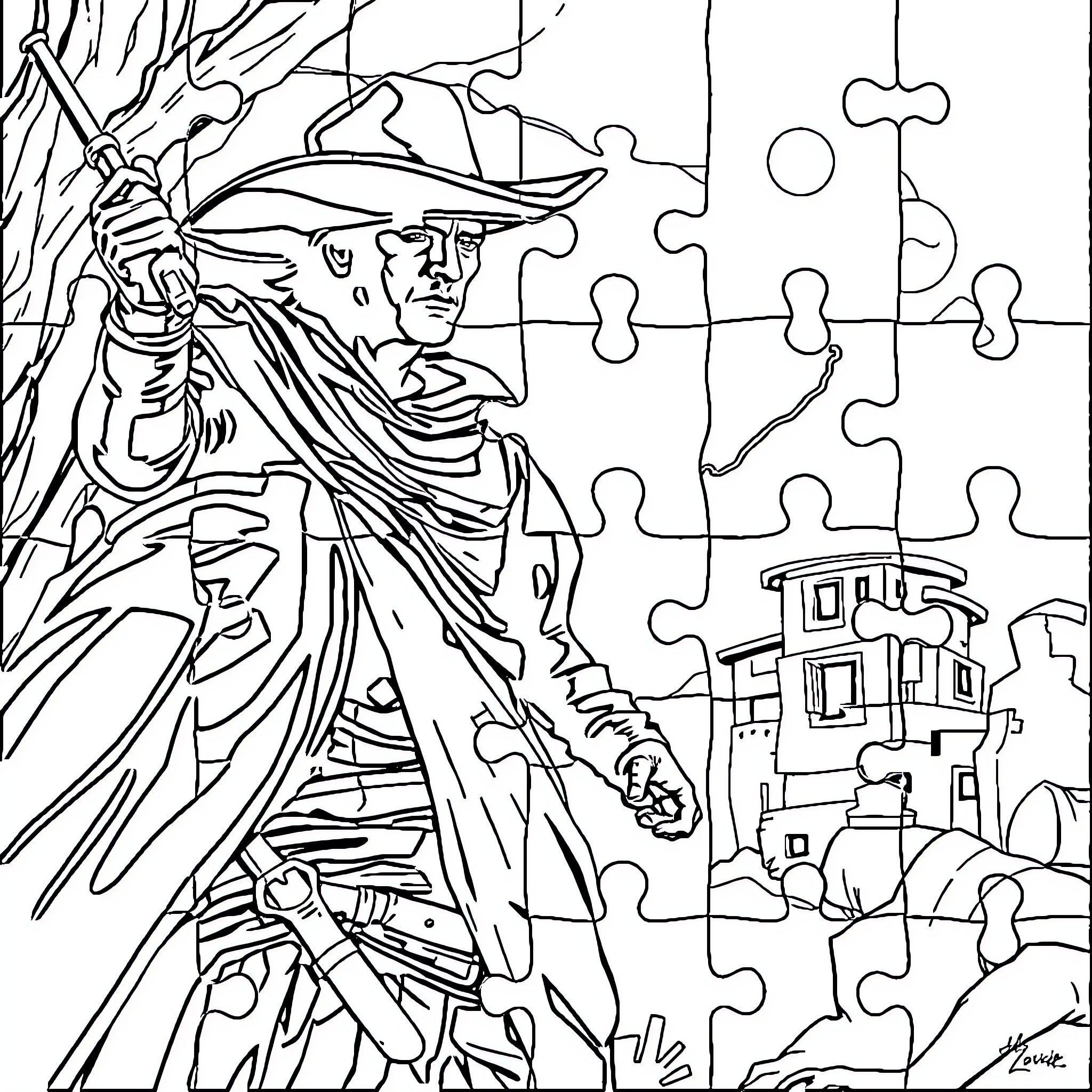 Zorro, the Masked Avenger, Confronting Injustice Coloring Page (free black-and-white line drawing printable PDF for all, from beginners to advanced learners, including children, teens, adults, and seniors)
