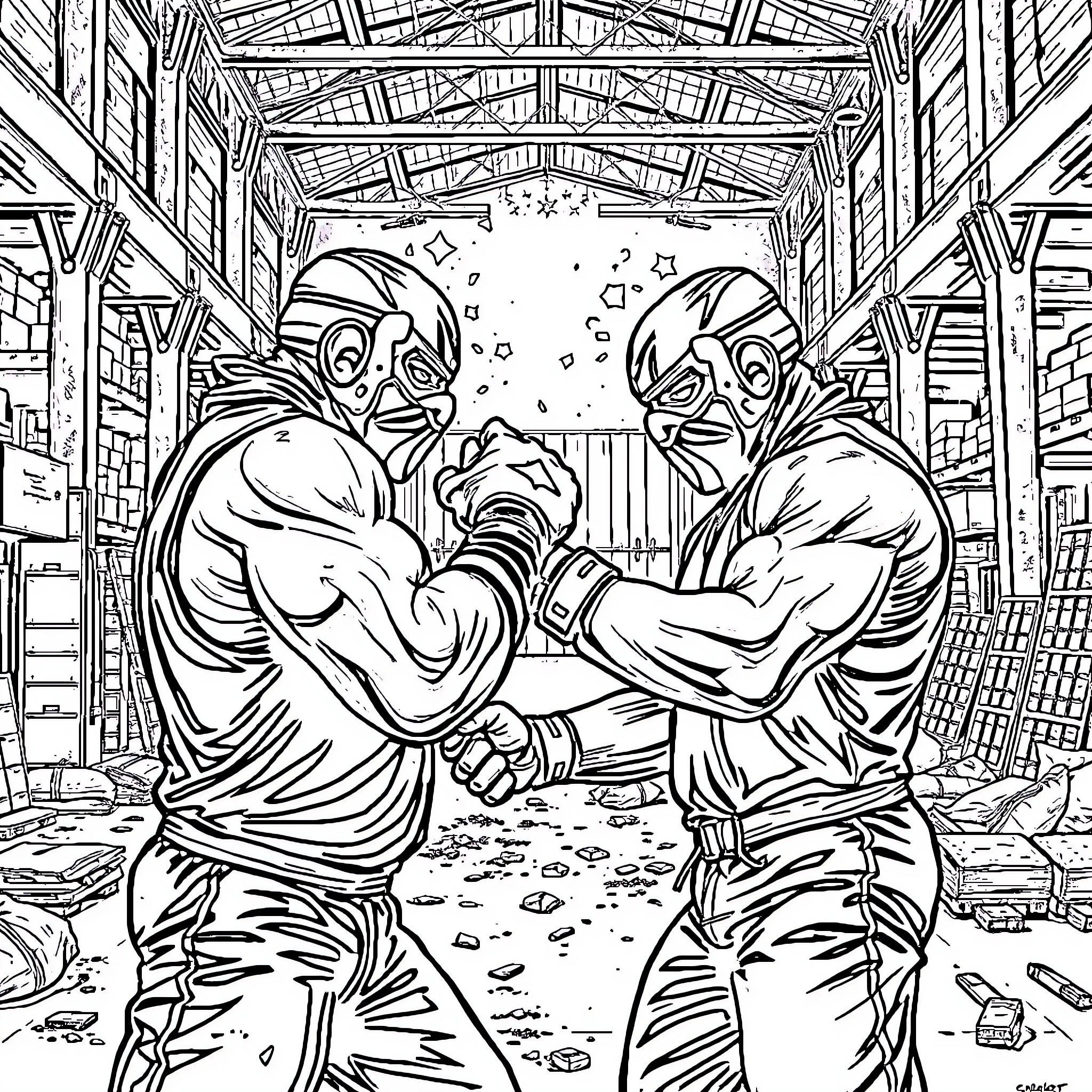 Wrestler's Fierce Embrace on a Rugged Stage Coloring Page (free black-and-white line drawing printable PDF for all, from beginners to advanced learners, including children, teens, adults, and seniors)