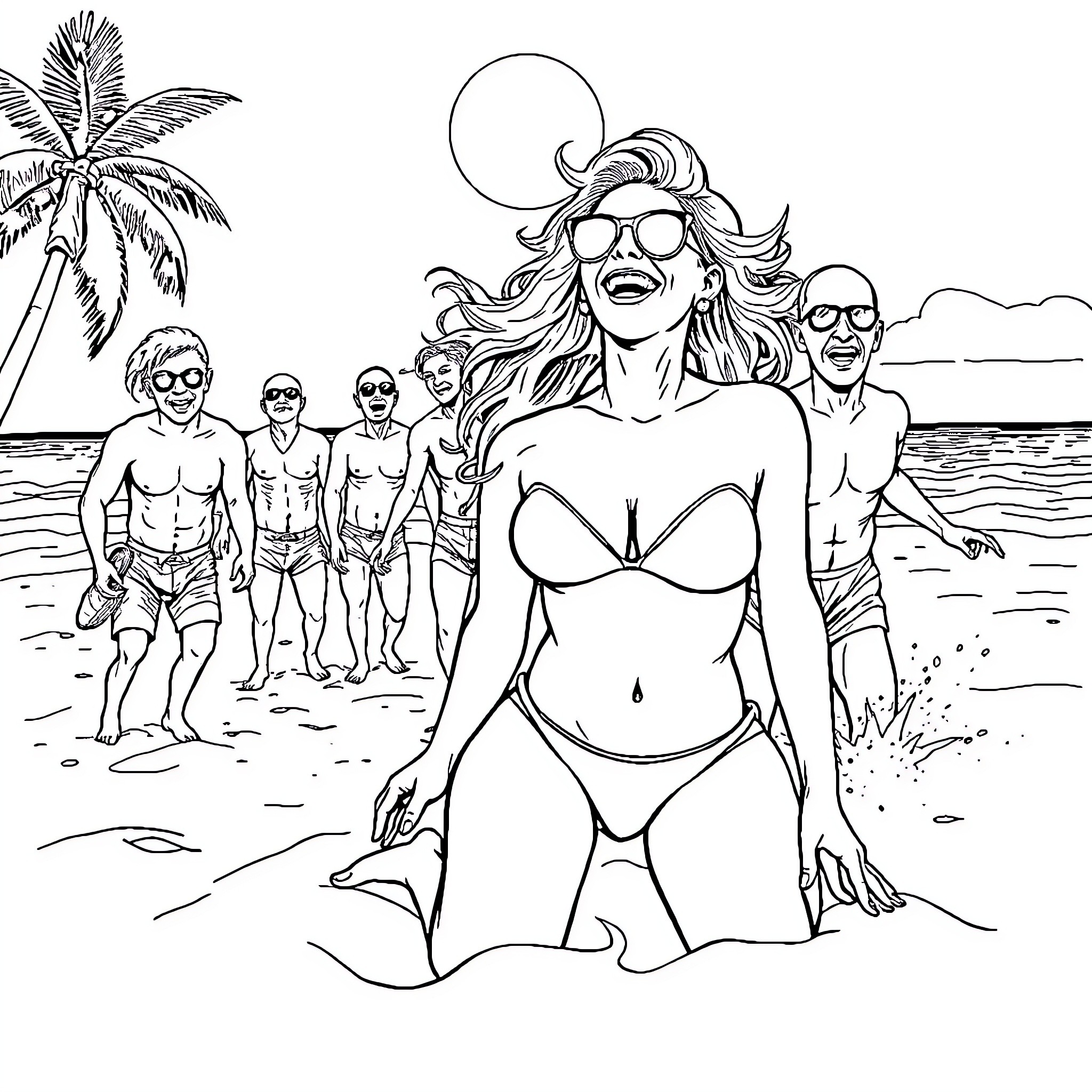 Woman relaxing on the beach with friends Coloring Page (free black-and-white line drawing printable PDF for all, from beginners to advanced learners, including children, teens, adults, and seniors)