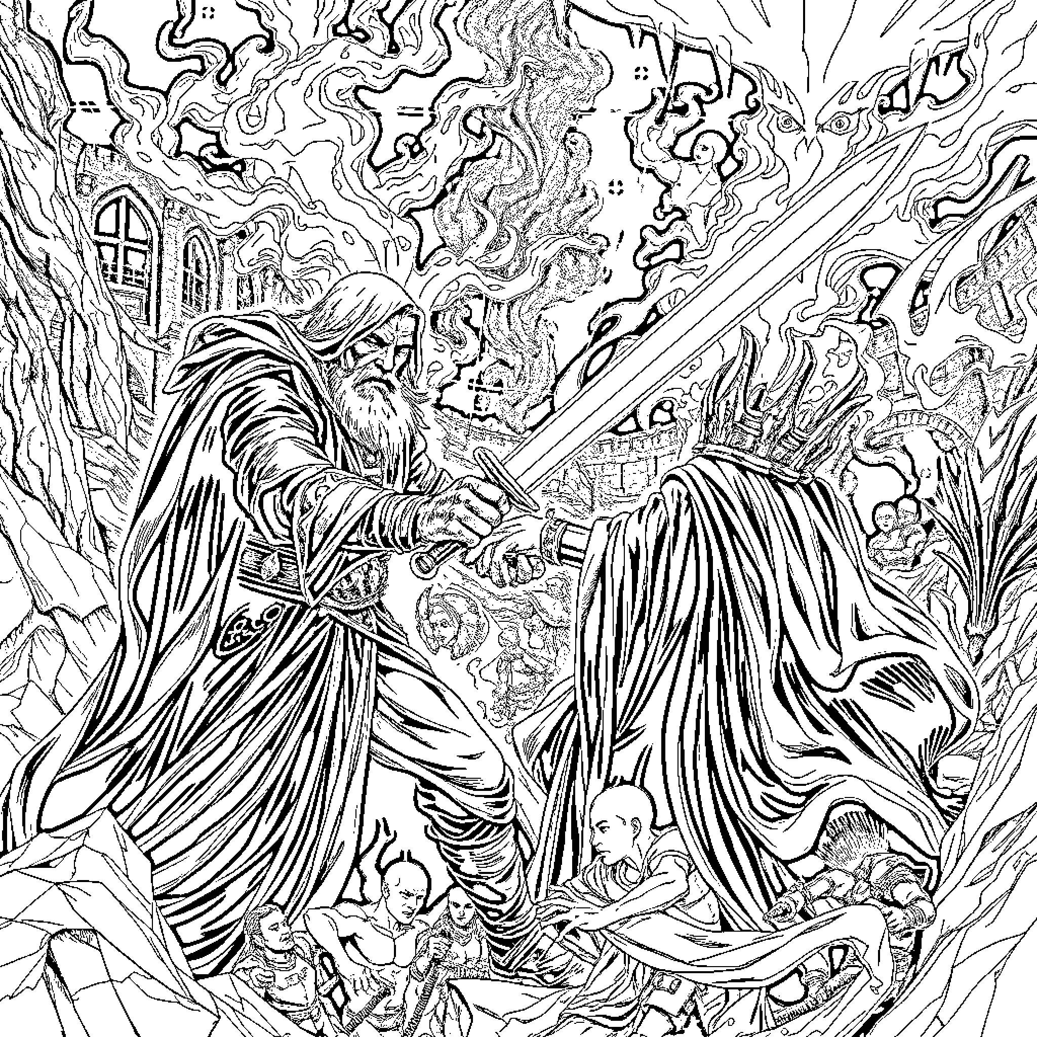 Sauron's Wrath: Two Powerful Figures in Epic Clash Coloring Page (free black-and-white line drawing printable PDF for all, from beginners to advanced learners, including children, teens, adults, and seniors)