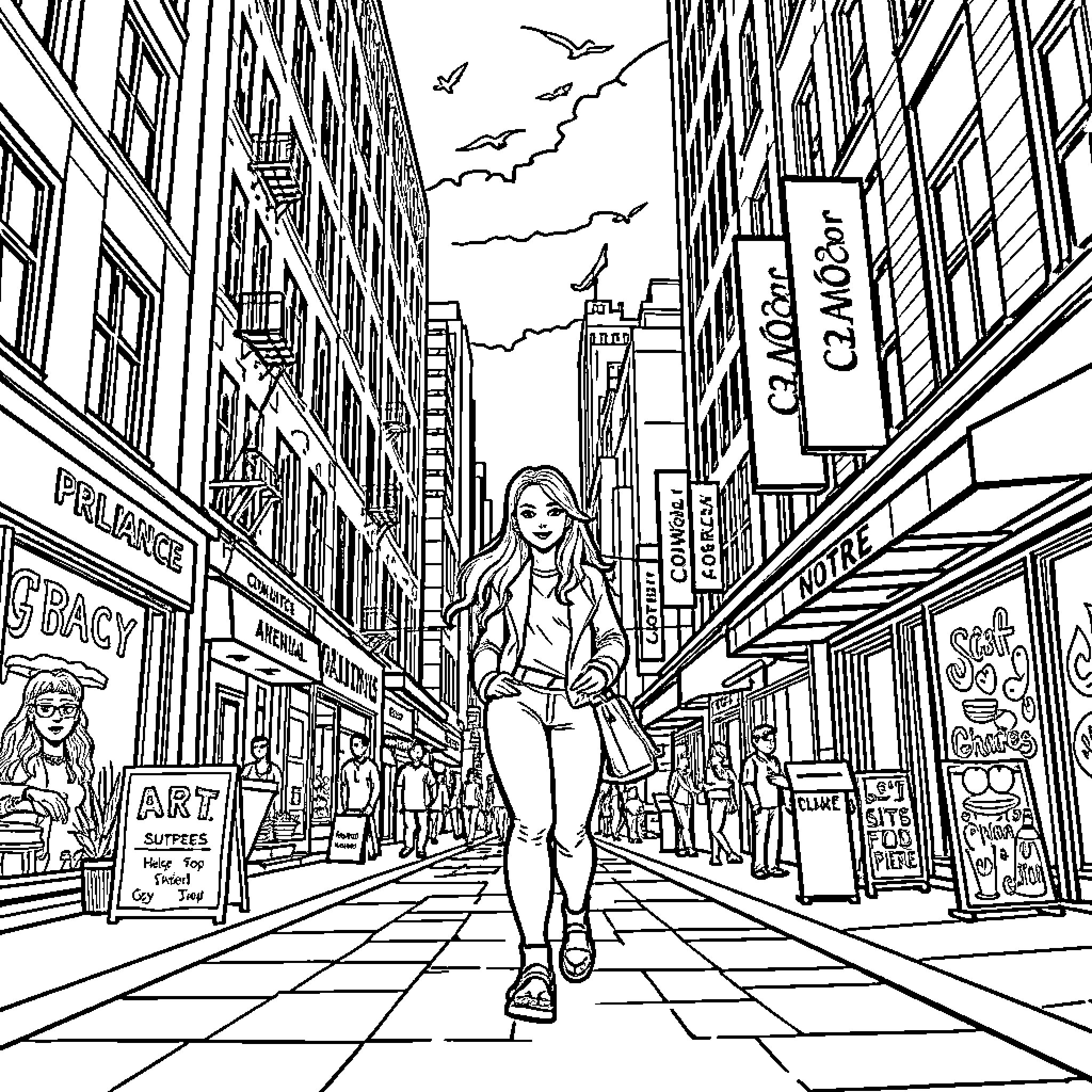 Claire Redfield exploring the bustling city streets Coloring Page (free black-and-white line drawing printable PDF for all, from beginners to advanced learners, including children, teens, adults, and seniors)