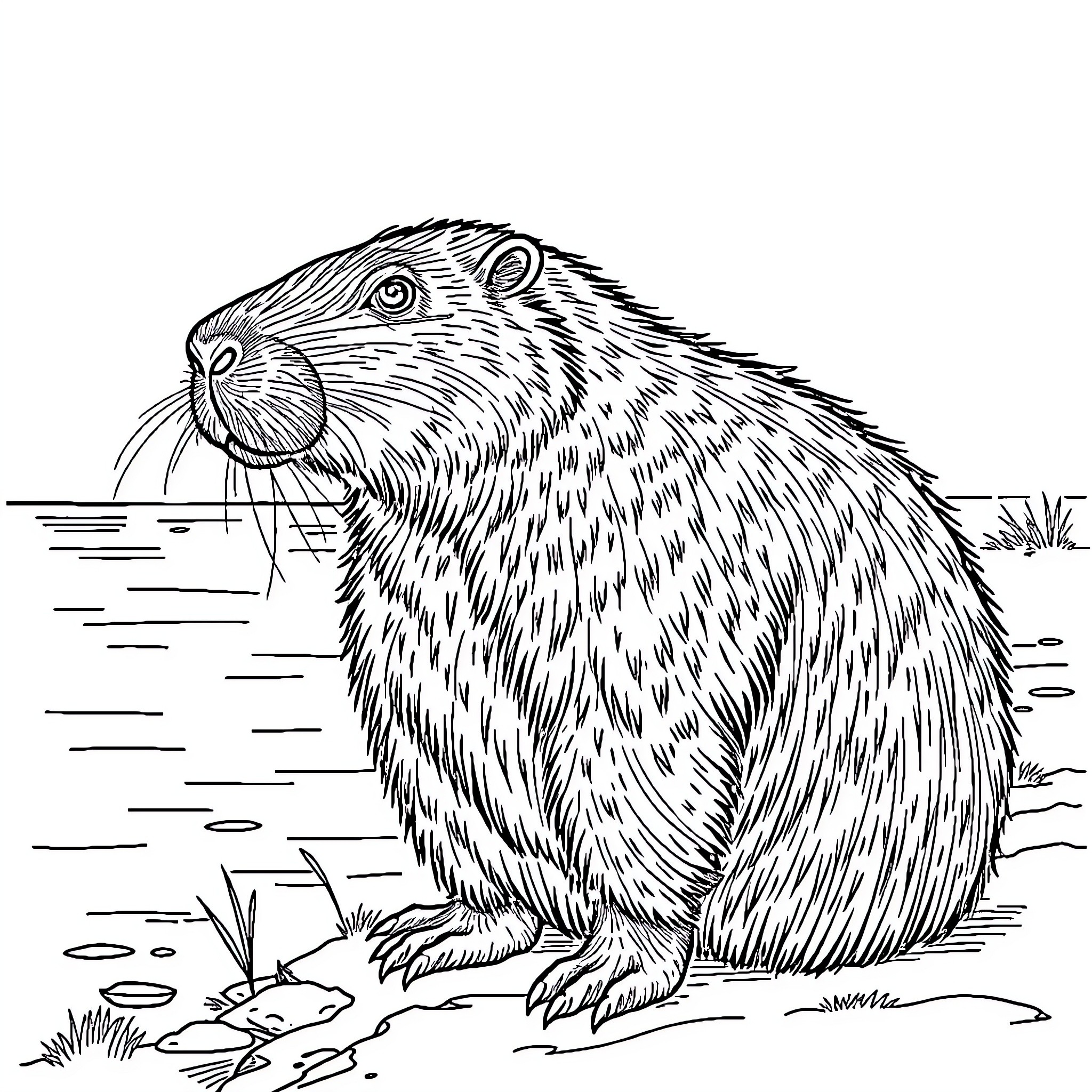 Capybara sitting peacefully in nature Coloring Page (free black-and-white line drawing printable PDF for all, from beginners to advanced learners, including children, teens, adults, and seniors)