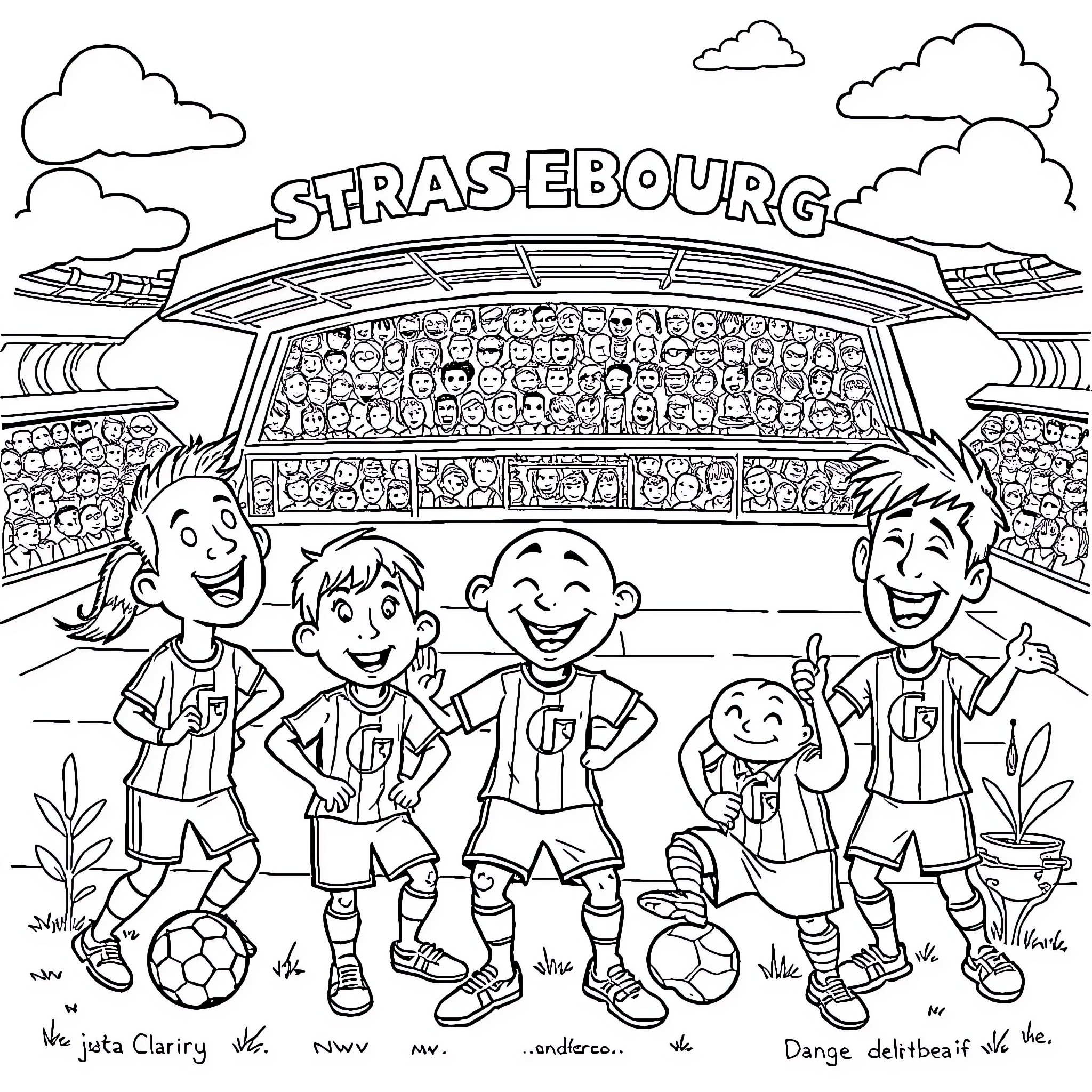 RC Strasbourg Players Celebrating Victory on the Field Coloring Page (free black-and-white line drawing printable PDF for all, from beginners to advanced learners, including children, teens, adults, and seniors)
