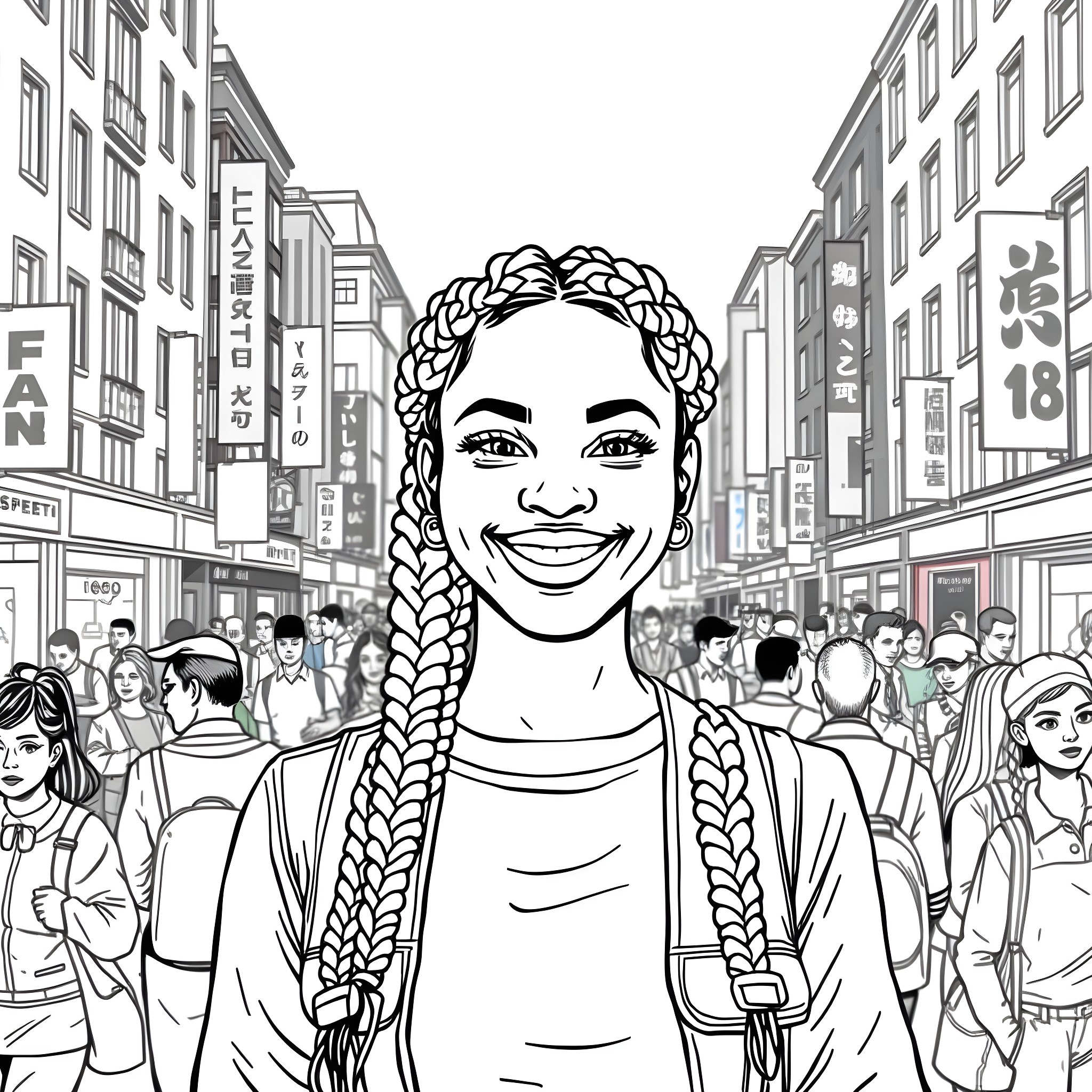 Woman smiling in busy city street Coloring Page (free black-and-white line drawing printable PDF for all, from beginners to advanced learners, including children, teens, adults, and seniors)