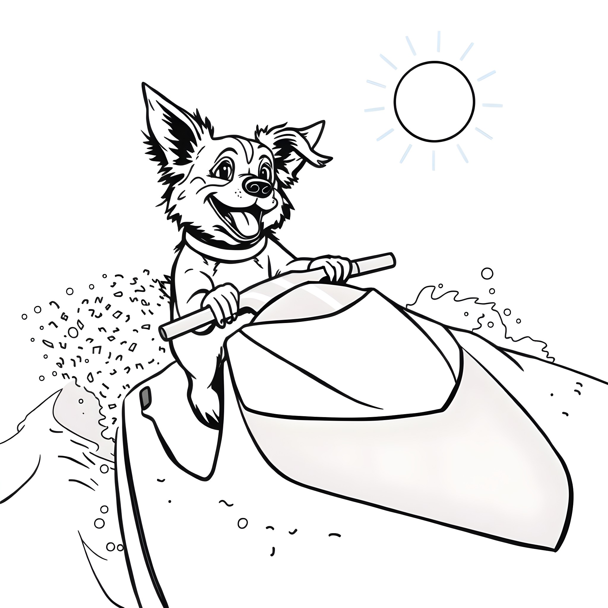Dog paddling happily in a canoe on the water Coloring Page (free black-and-white line drawing printable PDF for all, from beginners to advanced learners, including children, teens, adults, and seniors)