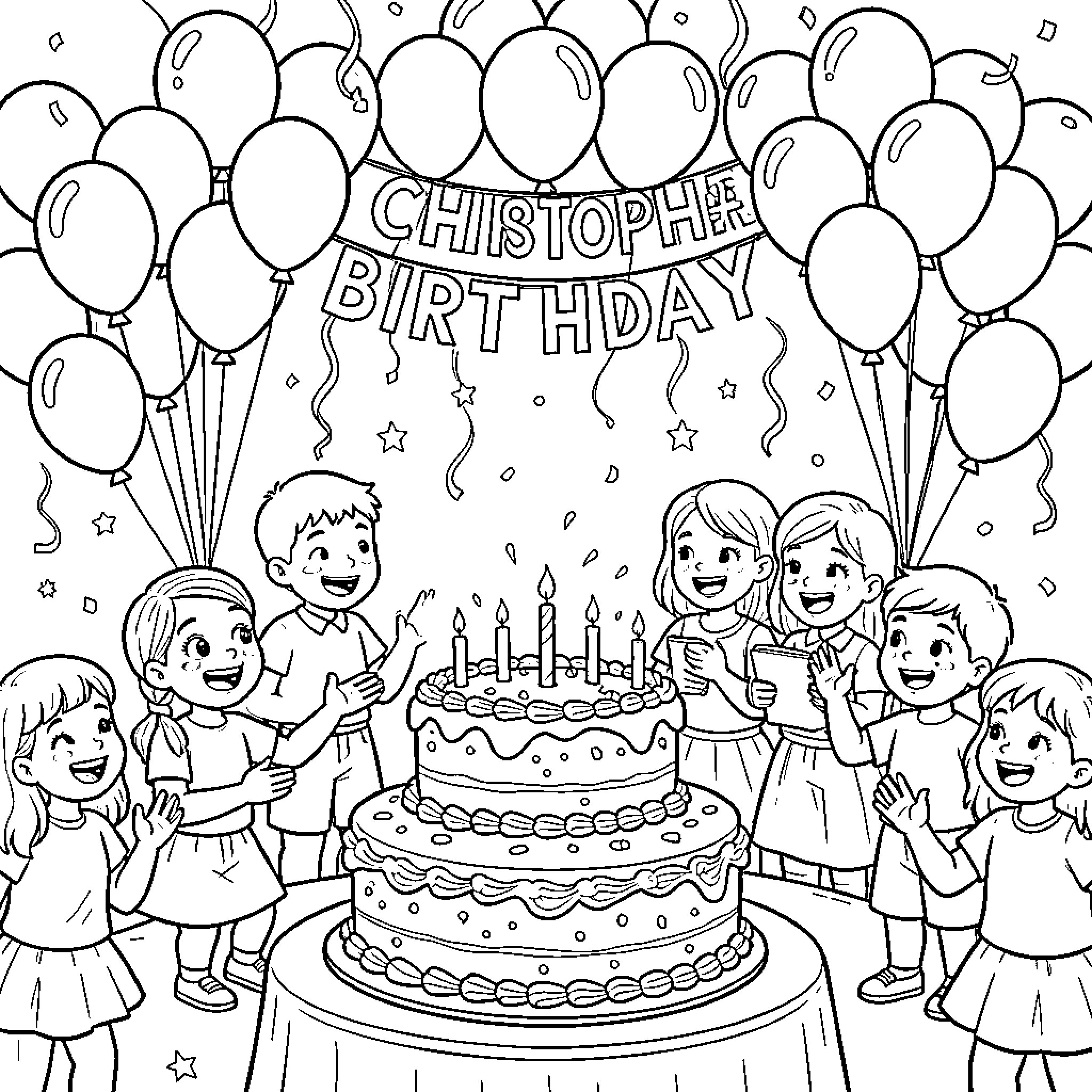 Christopher's Birthday Celebration with Friends Coloring Page (free black-and-white line drawing printable PDF for all, from beginners to advanced learners, including children, teens, adults, and seniors)