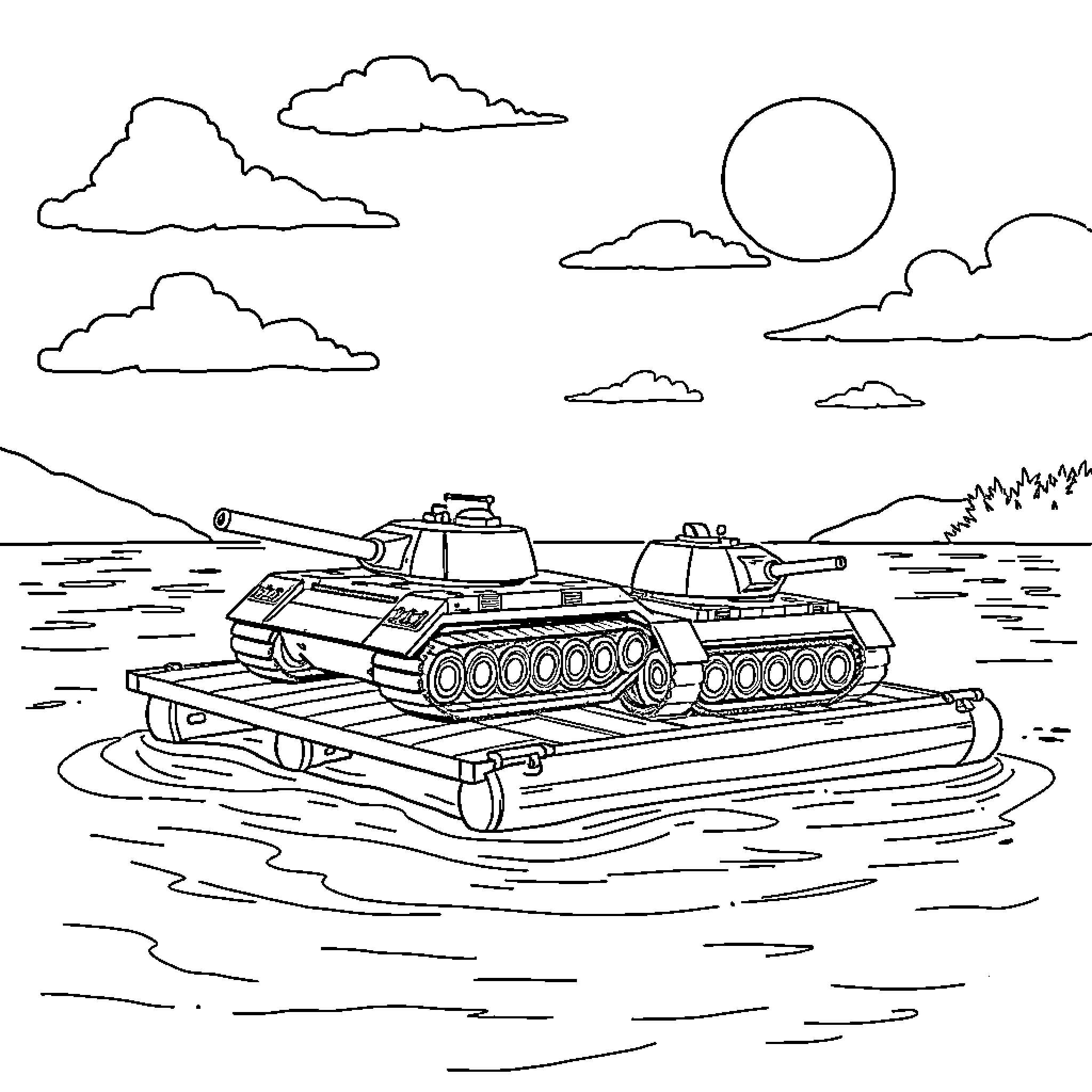 Tank Crossing Marshland in Cloudy Skies Coloring Page (free black-and-white line drawing printable PDF for all, from beginners to advanced learners, including children, teens, adults, and seniors)