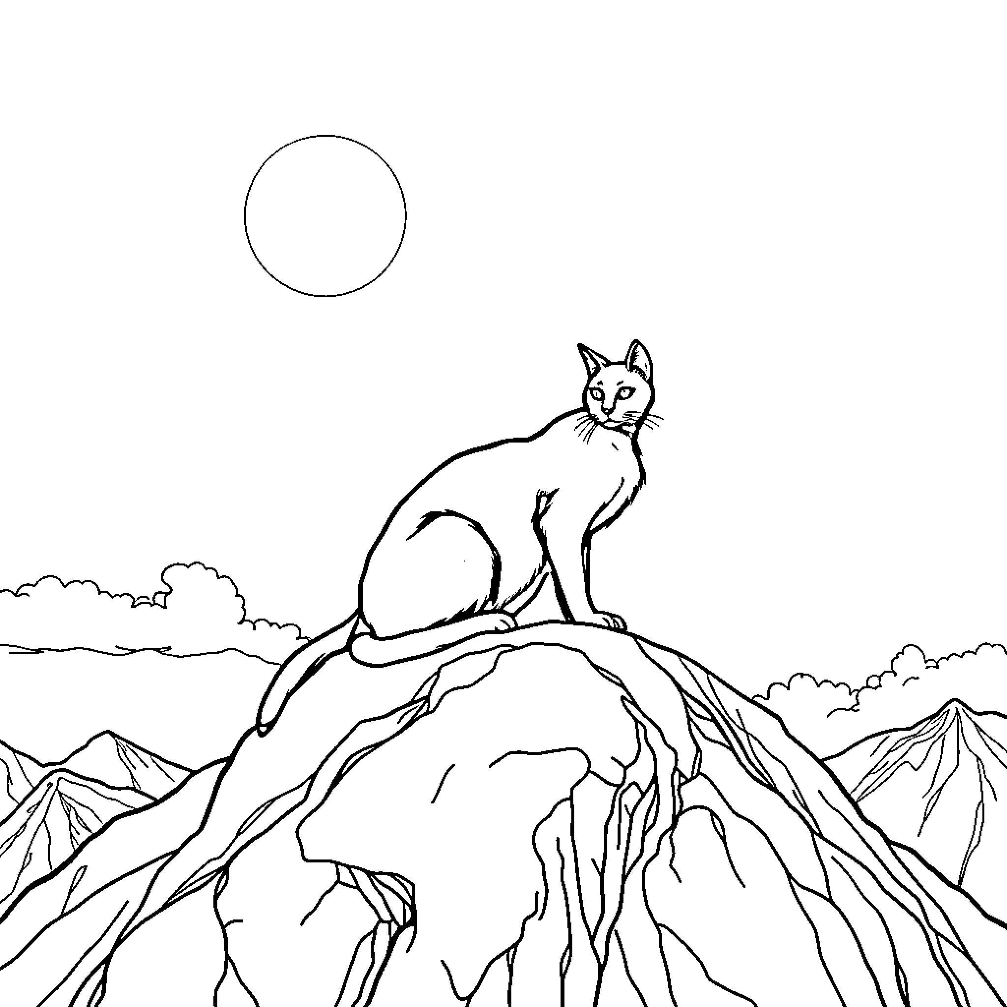 Cat sitting atop a rocky mountain peak Coloring Page (free black-and-white line drawing printable PDF for all, from beginners to advanced learners, including children, teens, adults, and seniors)