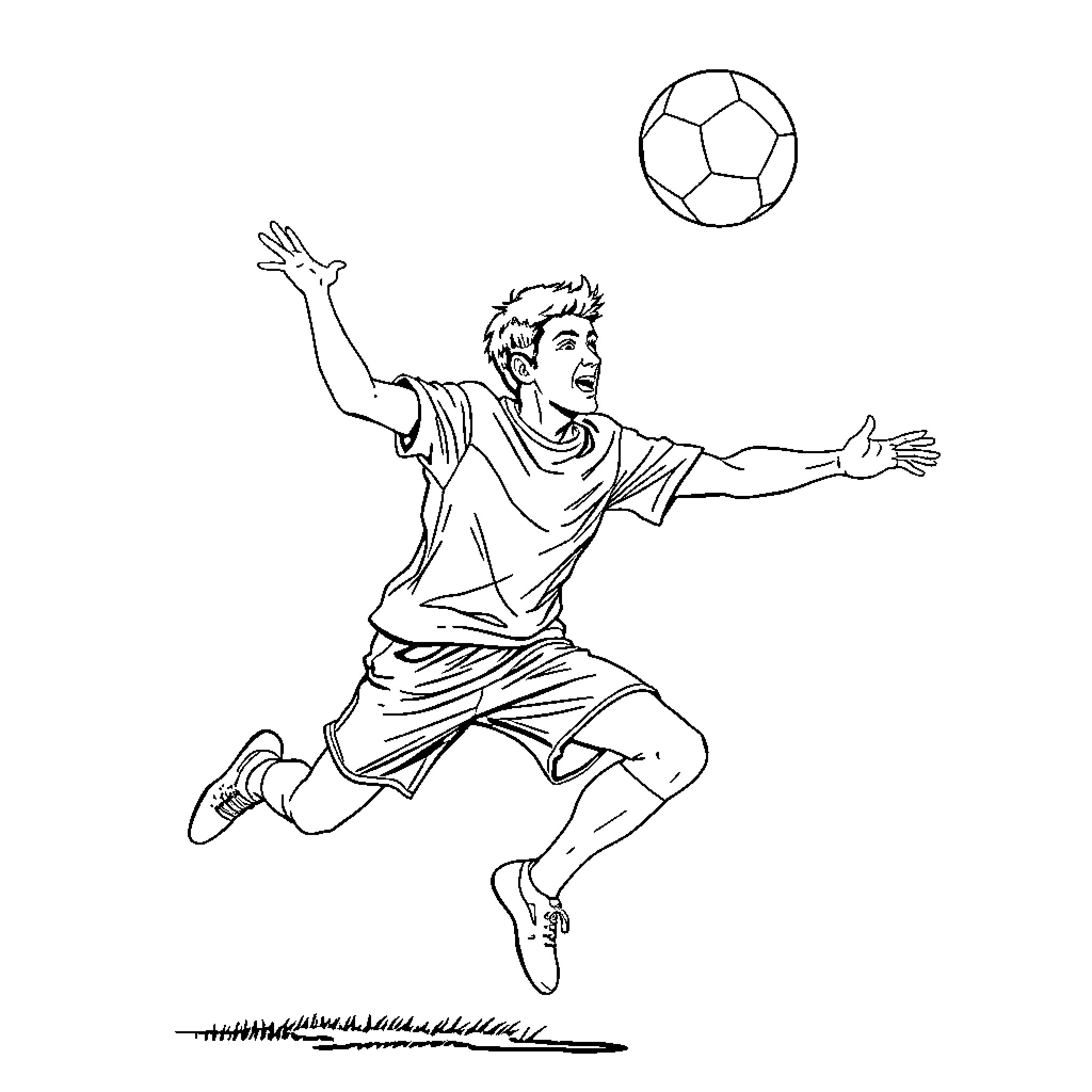 Handball Player Jumping and Reaching for the Ball Coloring Page (free black-and-white line drawing printable PDF for all, from beginners to advanced learners, including children, teens, adults, and seniors)