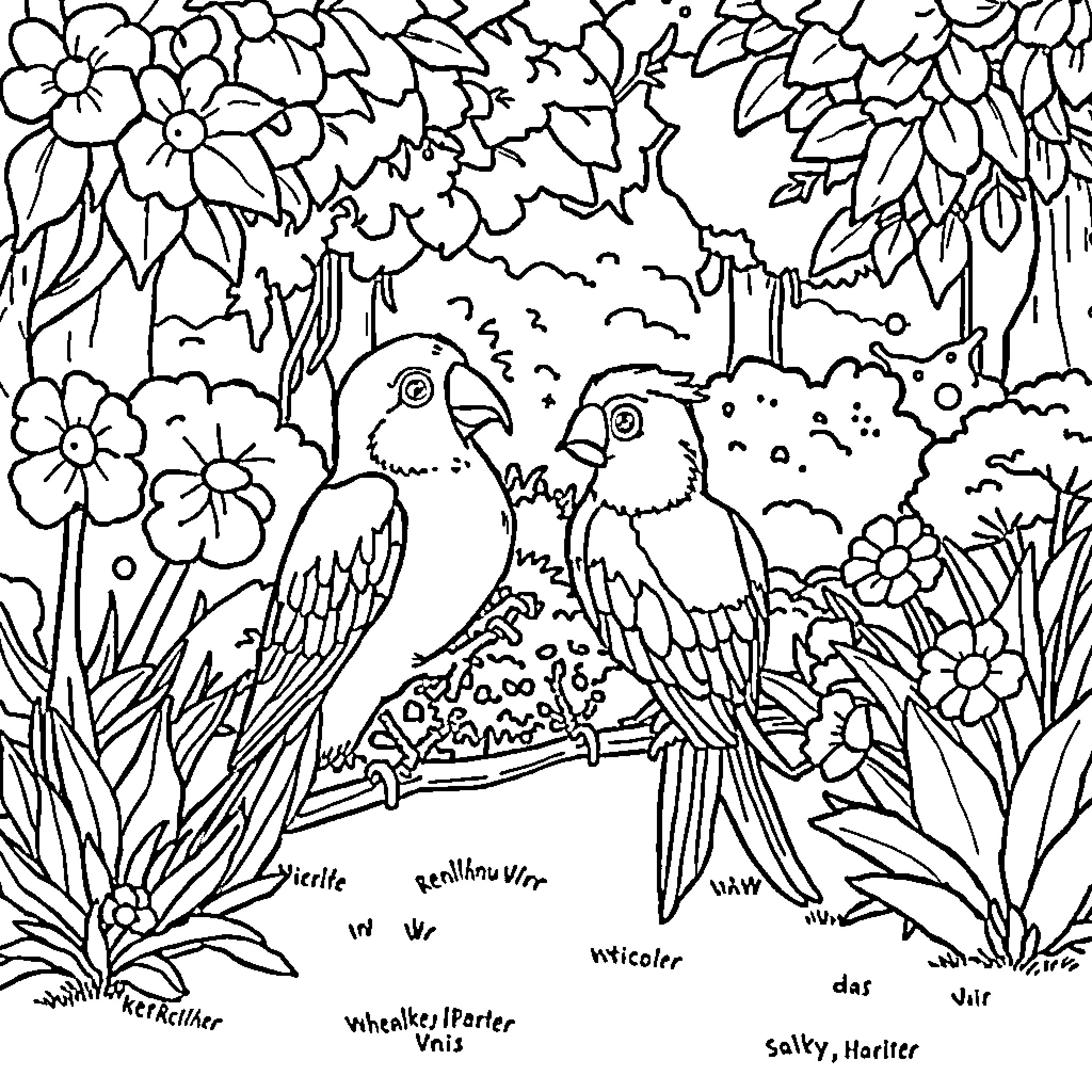 Perro birds enjoying floral garden Coloring Page (free black-and-white line drawing printable PDF for all, from beginners to advanced learners, including children, teens, adults, and seniors)