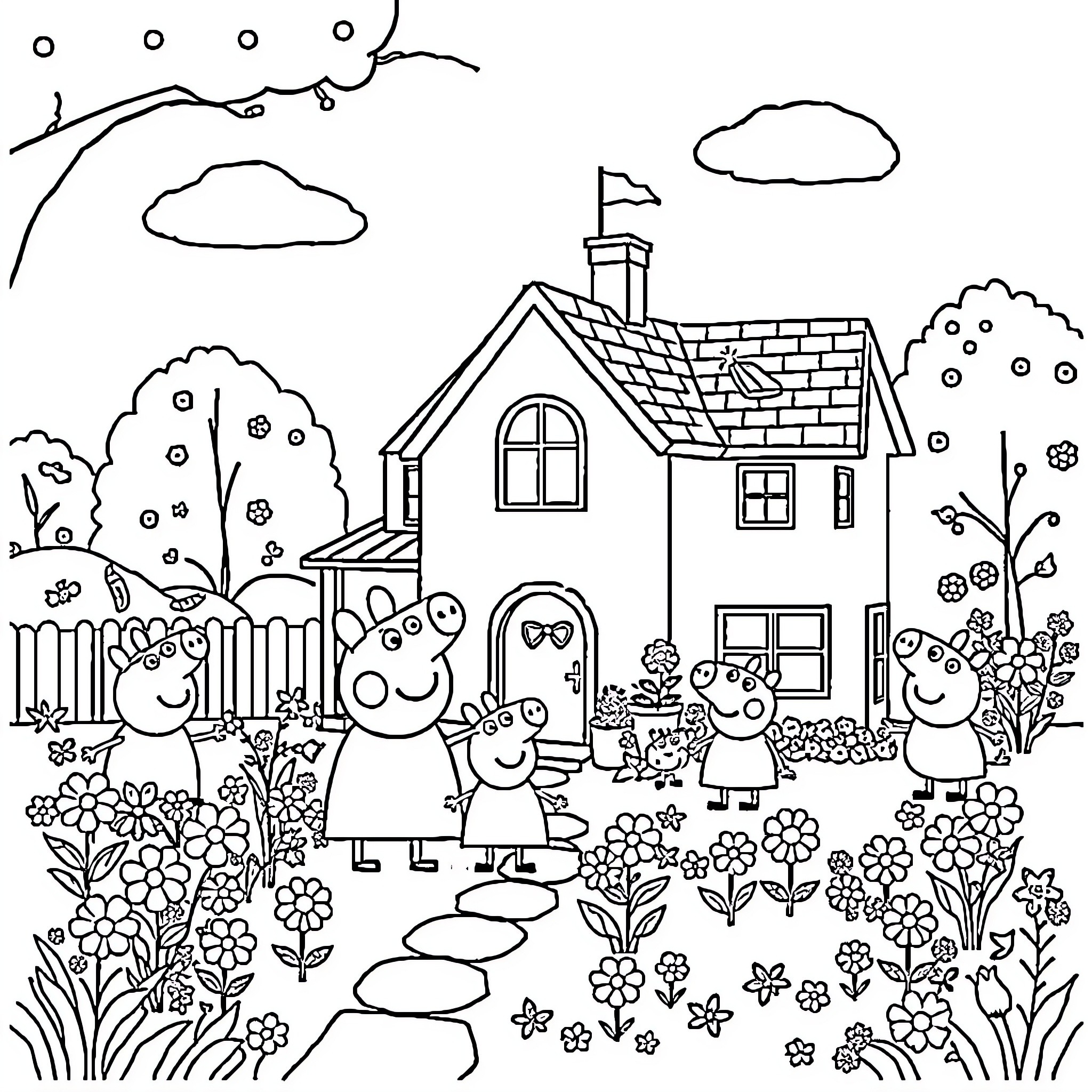 Pig family enjoying a day in the countryside Coloring Page (free black-and-white line drawing printable PDF for all, from beginners to advanced learners, including children, teens, adults, and seniors)