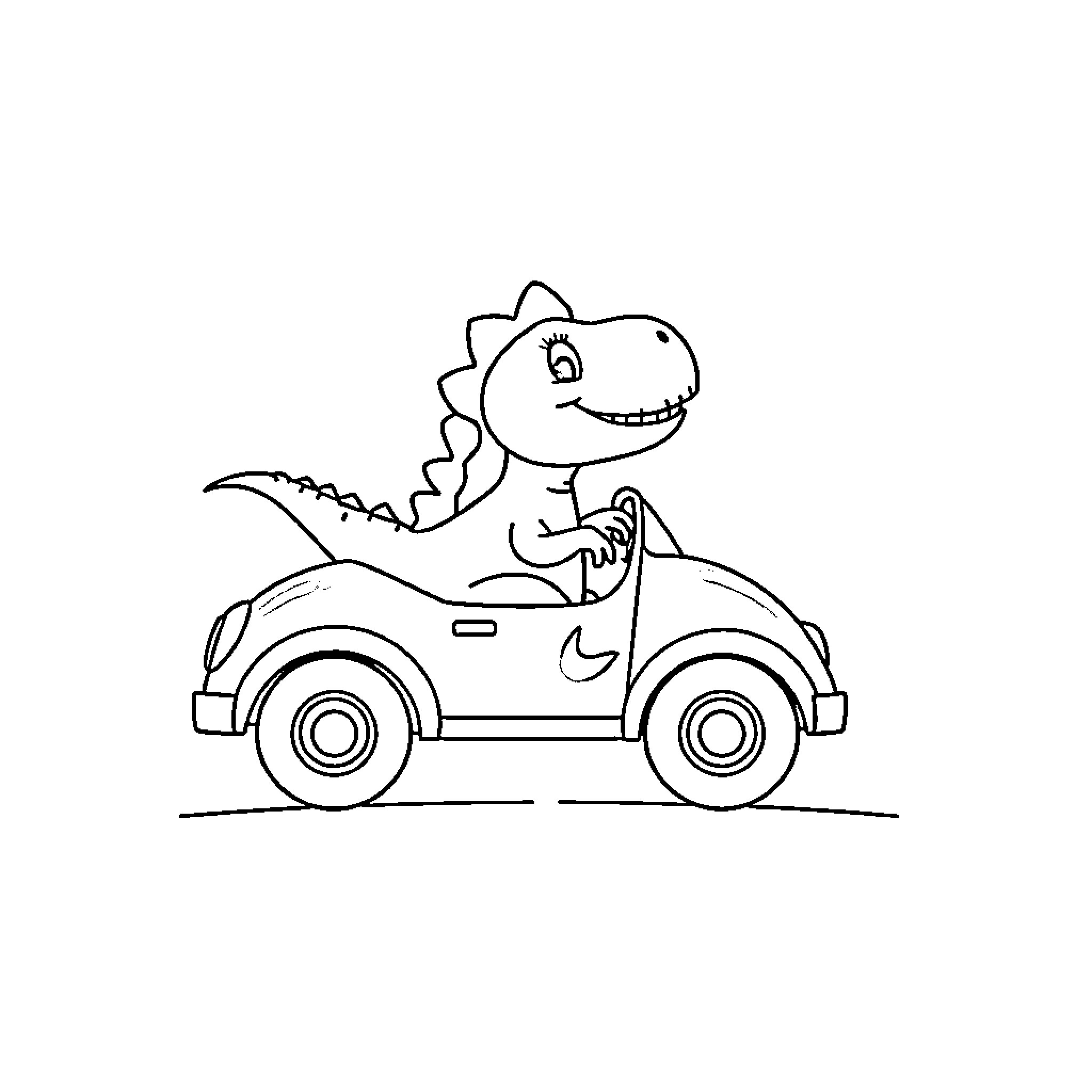 Dinosaur driving a car happily Coloring Page (free black-and-white line drawing printable PDF for all, from beginners to advanced learners, including children, teens, adults, and seniors)