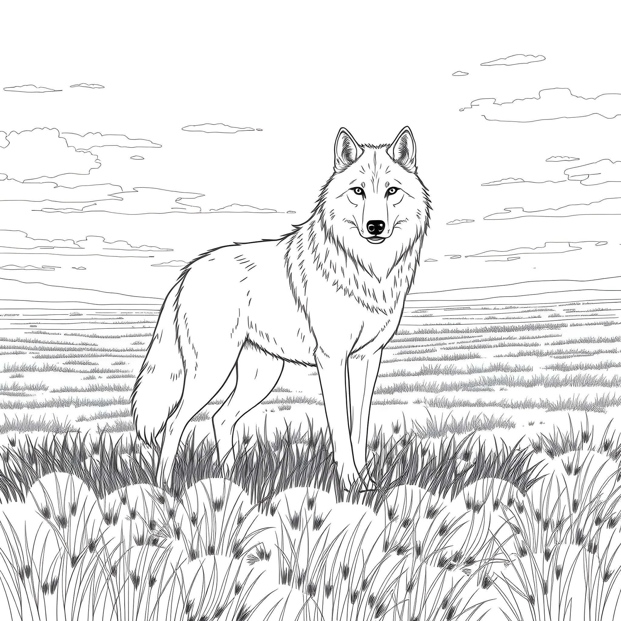 Wolf standing in a field with tall grass Coloring Page (free black-and-white line drawing printable PDF for all, from beginners to advanced learners, including children, teens, adults, and seniors)