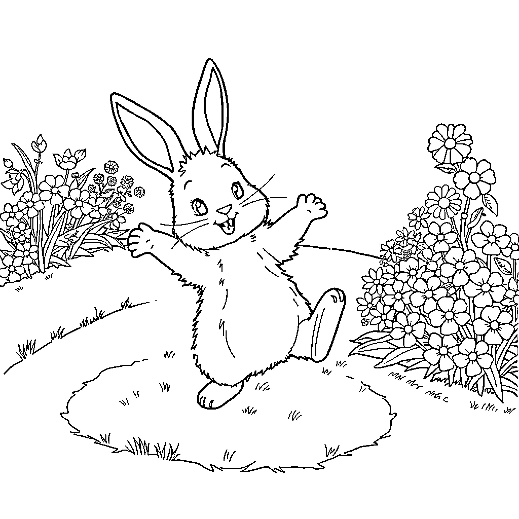 Bunny hopping among flowers in a garden Coloring Page (free black-and-white line drawing printable PDF for all, from beginners to advanced learners, including children, teens, adults, and seniors)
