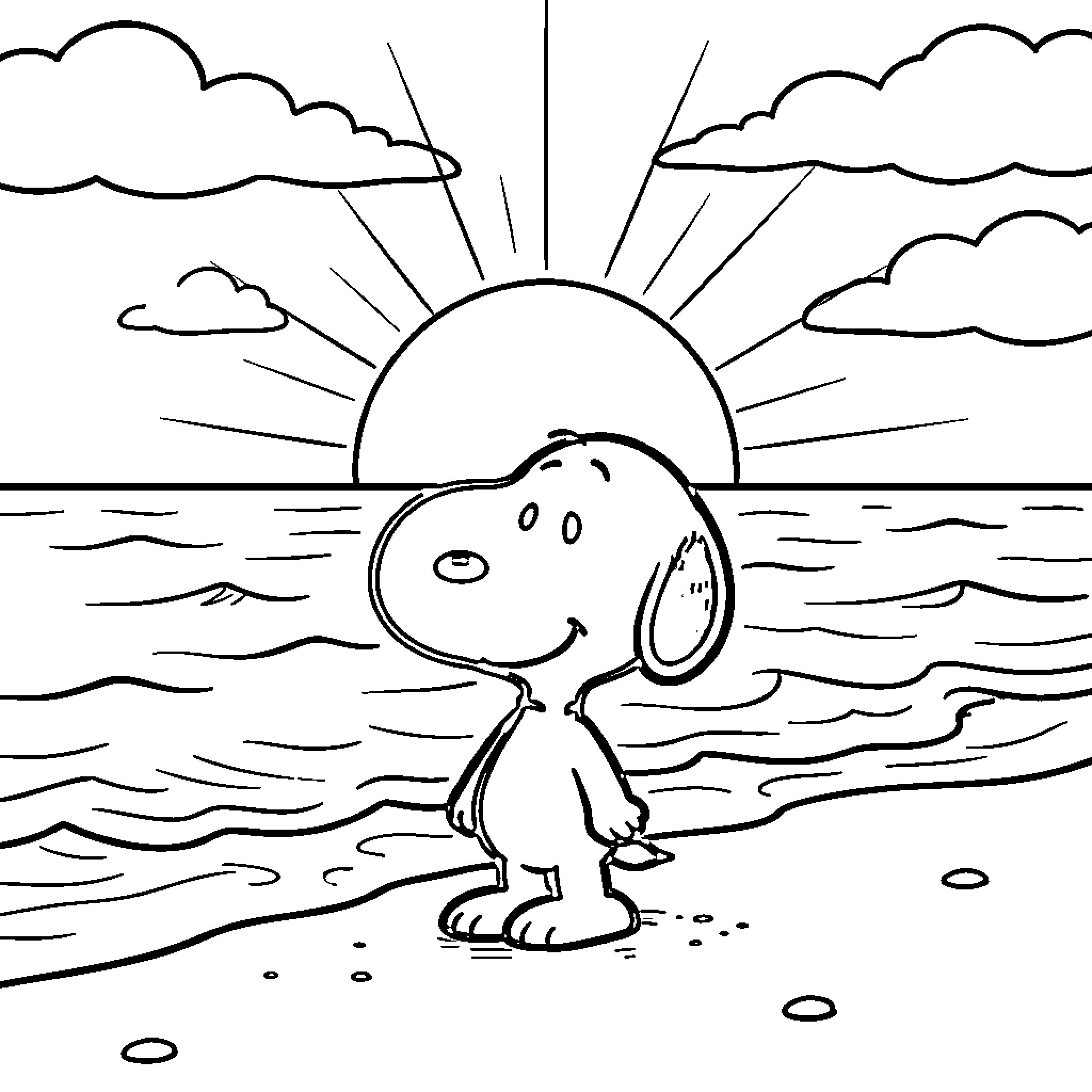 Snoopy enjoying a sunny day at the beach Coloring Page (free black-and-white line drawing printable PDF for all, from beginners to advanced learners, including children, teens, adults, and seniors)