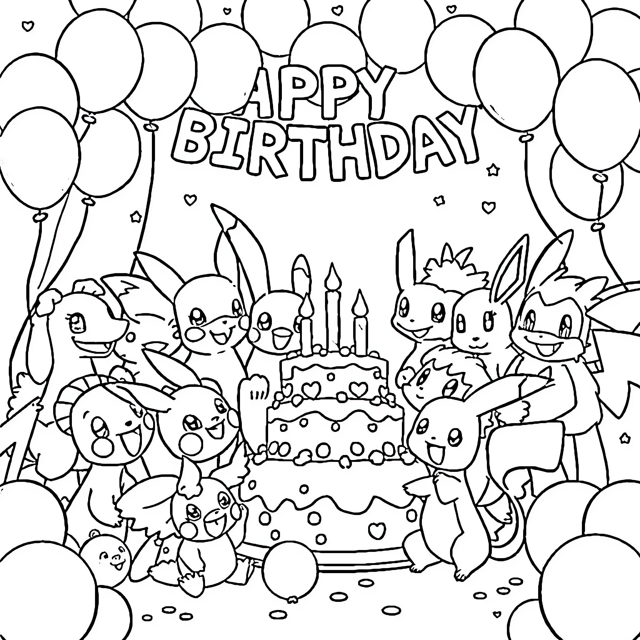 Pokémon celebrating a birthday party Coloring Page (free black-and-white line drawing printable PDF for all, from beginners to advanced learners, including children, teens, adults, and seniors)