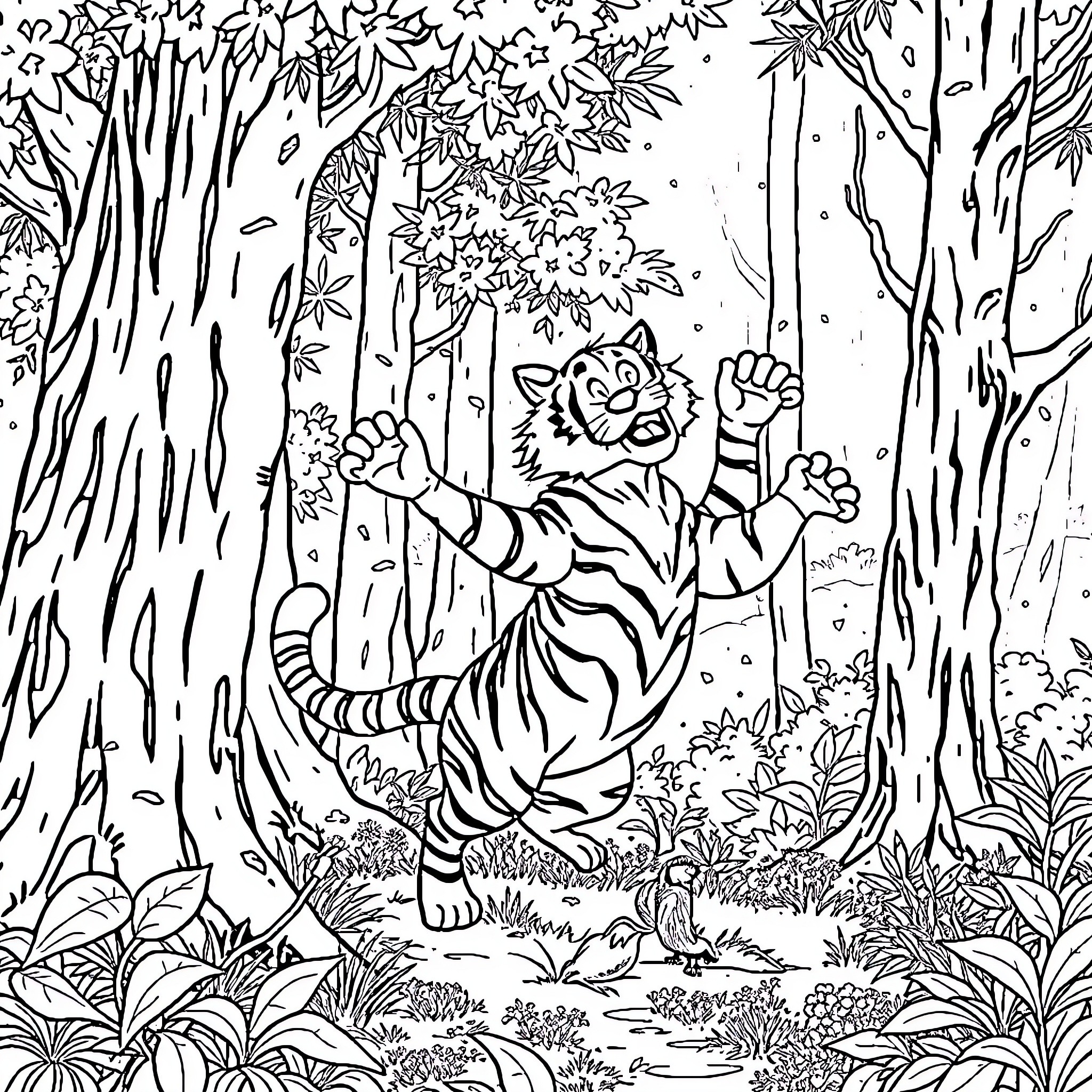 Tigroo Playing Cheerfully in Forest Landscape Coloring Page (free black-and-white line drawing printable PDF for all, from beginners to advanced learners, including children, teens, adults, and seniors)