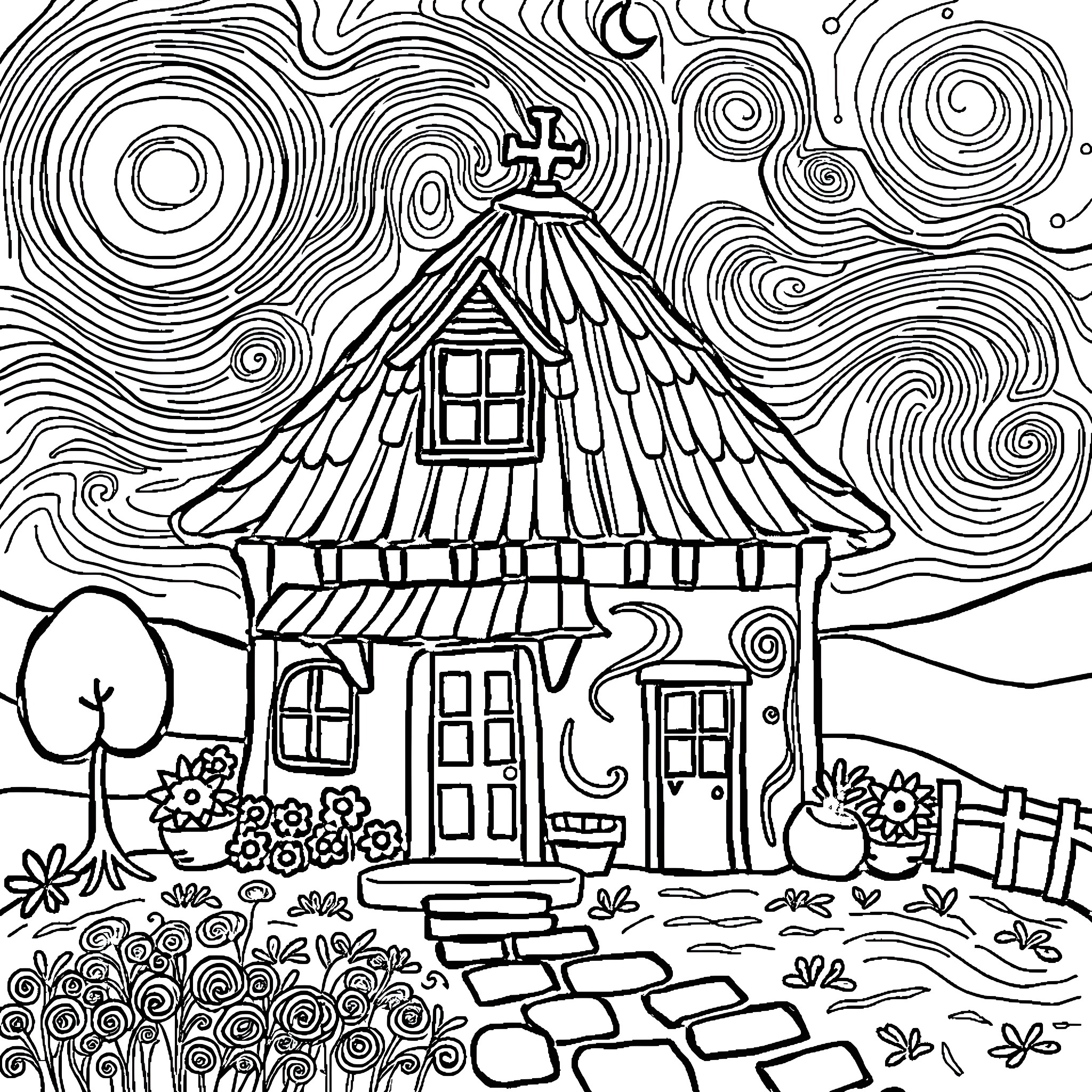 Kame House with Whimsical Swirls and Floral Surroundings Coloring Page (free black-and-white line drawing printable PDF for all, from beginners to advanced learners, including children, teens, adults, and seniors)