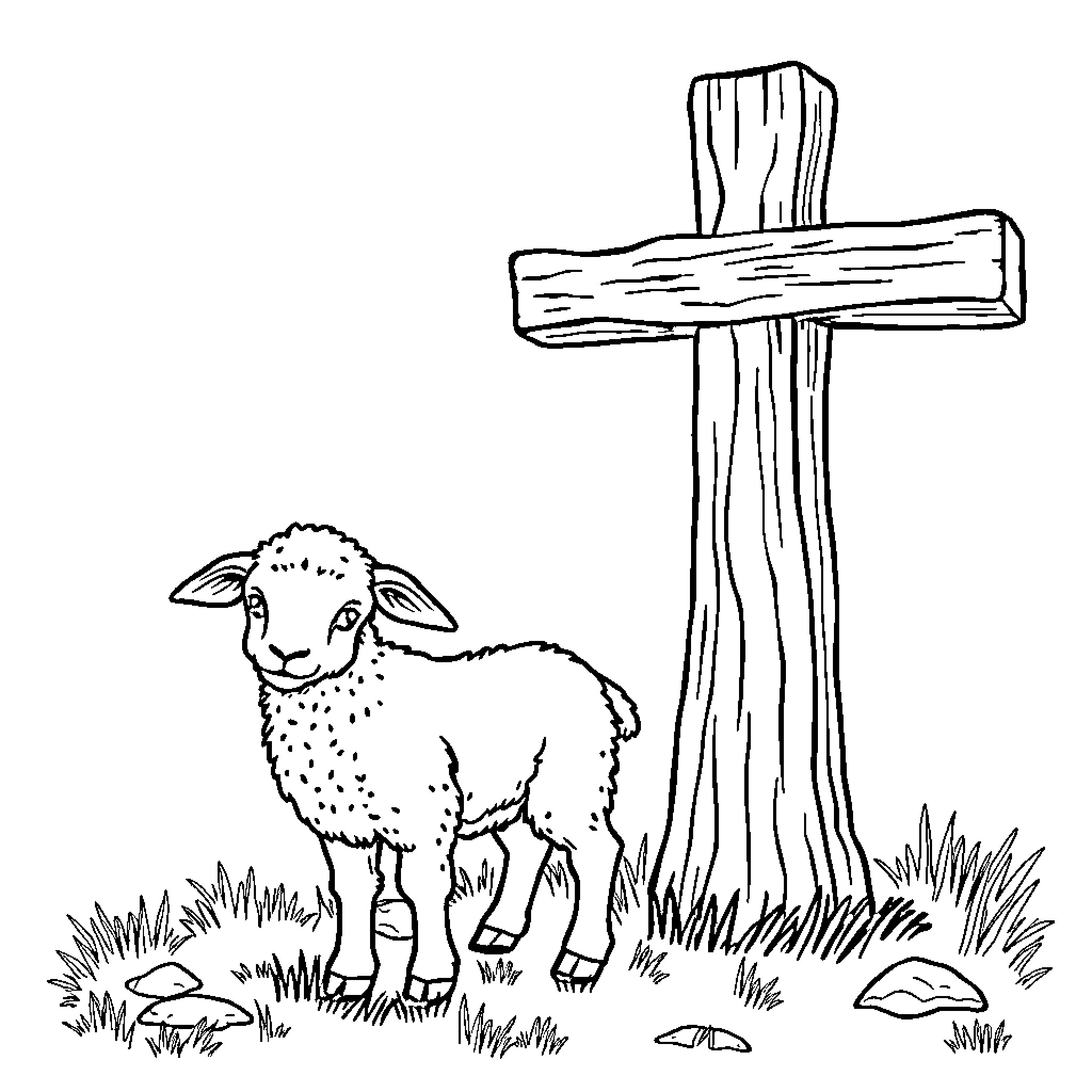 Lamb standing next to a wooden cross Coloring Page (free black-and-white line drawing printable PDF for all, from beginners to advanced learners, including children, teens, adults, and seniors)