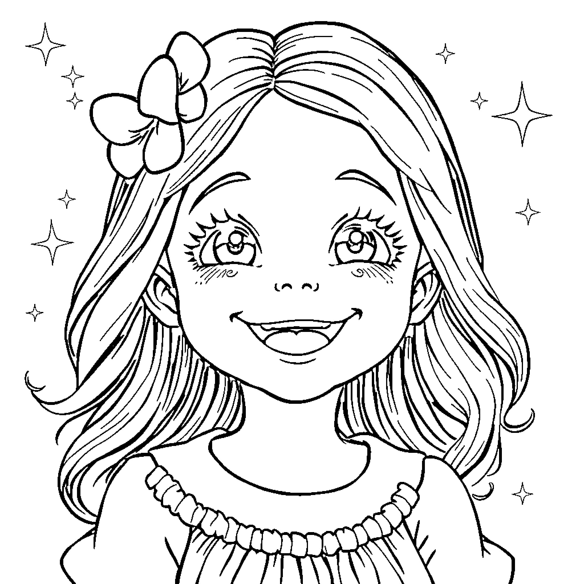 Girl with Flower Headband and Smiling Expression Coloring Page (free black-and-white line drawing printable PDF for all, from beginners to advanced learners, including children, teens, adults, and seniors)