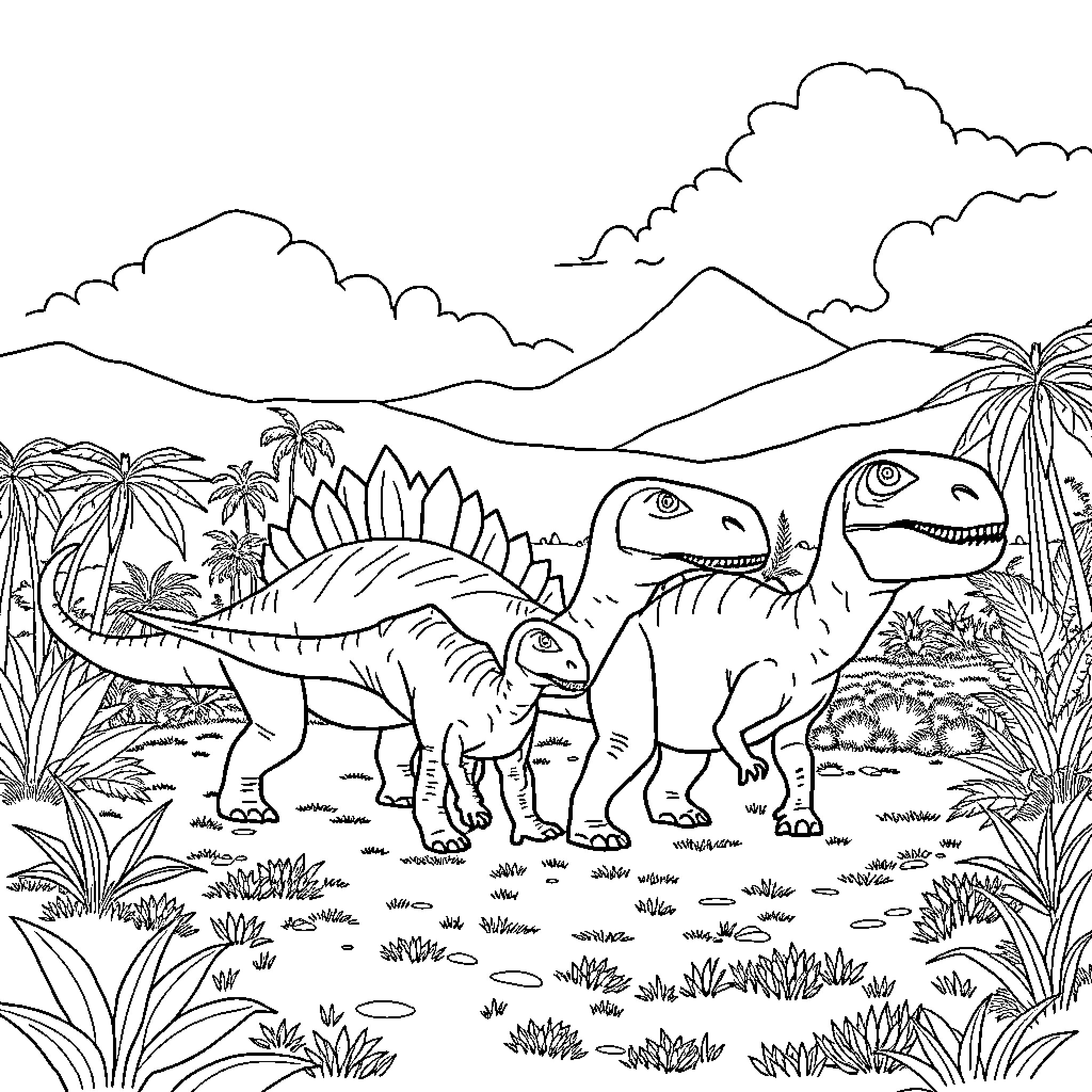 Dinosaurs roaming through the prehistoric landscape Coloring Page (free black-and-white line drawing printable PDF for all, from beginners to advanced learners, including children, teens, adults, and seniors)