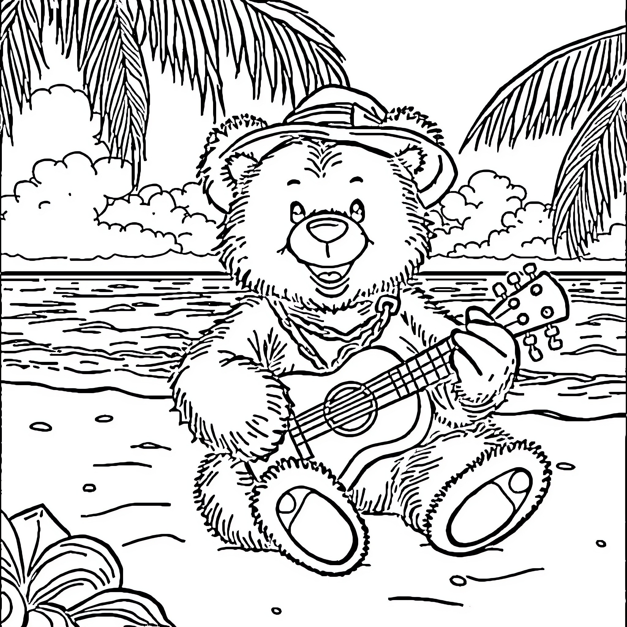 Polo Bear playing guitar on the beach Coloring Page (free black-and-white line drawing printable PDF for all, from beginners to advanced learners, including children, teens, adults, and seniors)