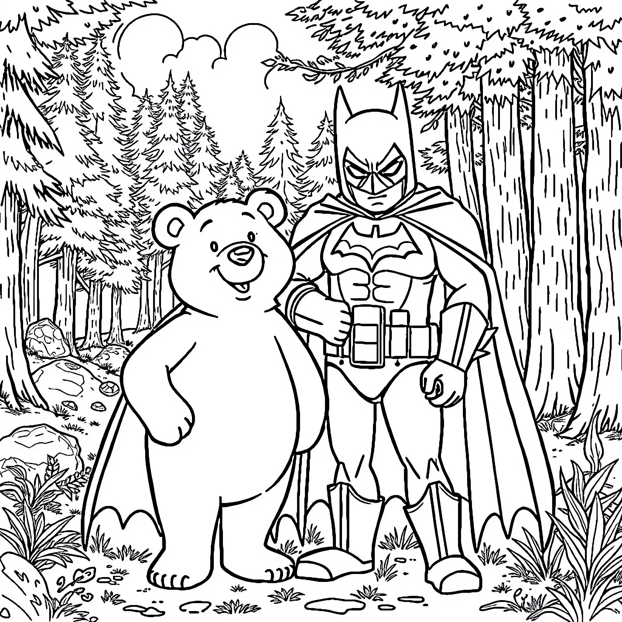 Winnie The Pooh and Batman in the Forest Coloring Page (free black-and-white line drawing printable PDF for all, from beginners to advanced learners, including children, teens, adults, and seniors)
