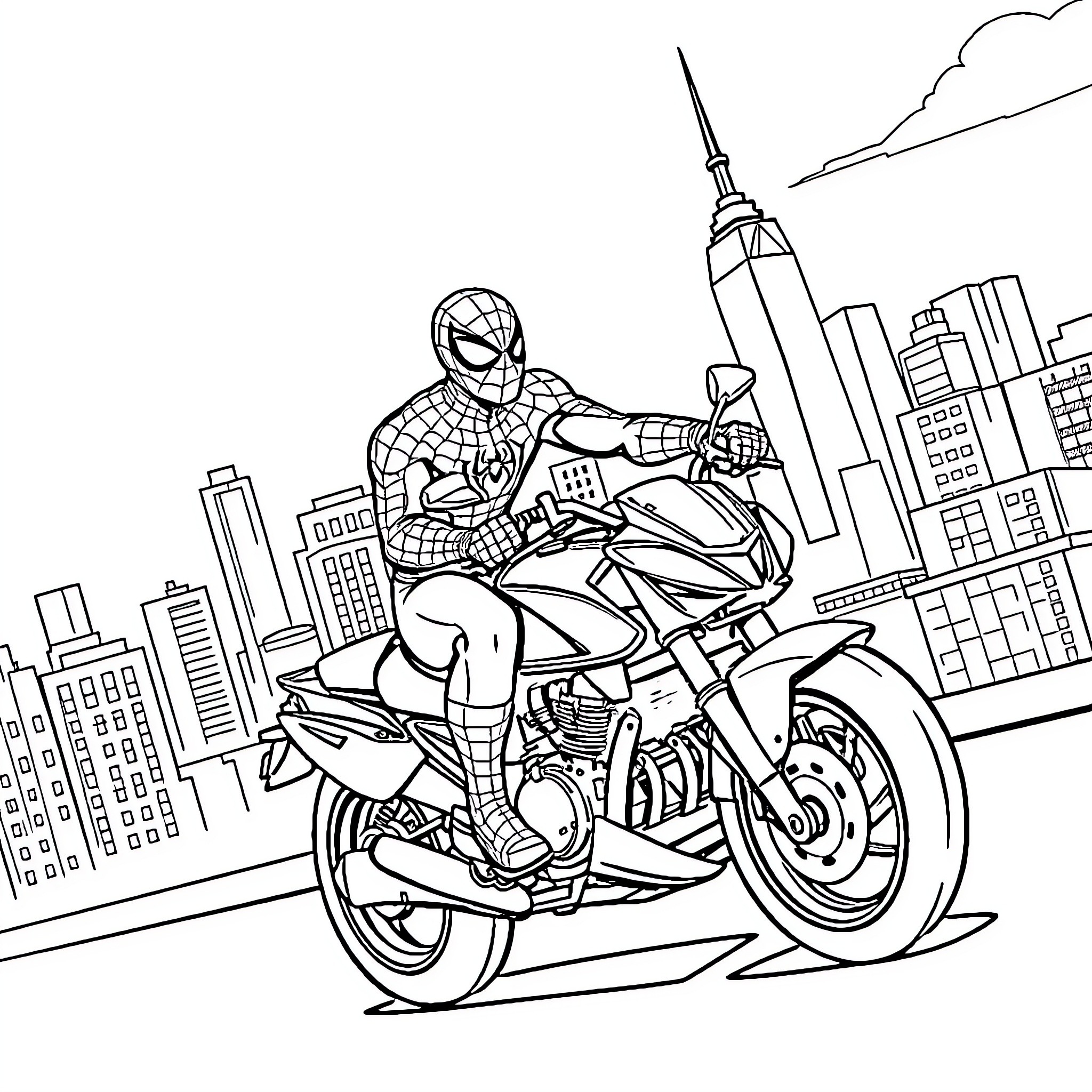 Spiderman riding a motorcycle through the city Coloring Page (free black-and-white line drawing printable PDF for all, from beginners to advanced learners, including children, teens, adults, and seniors)