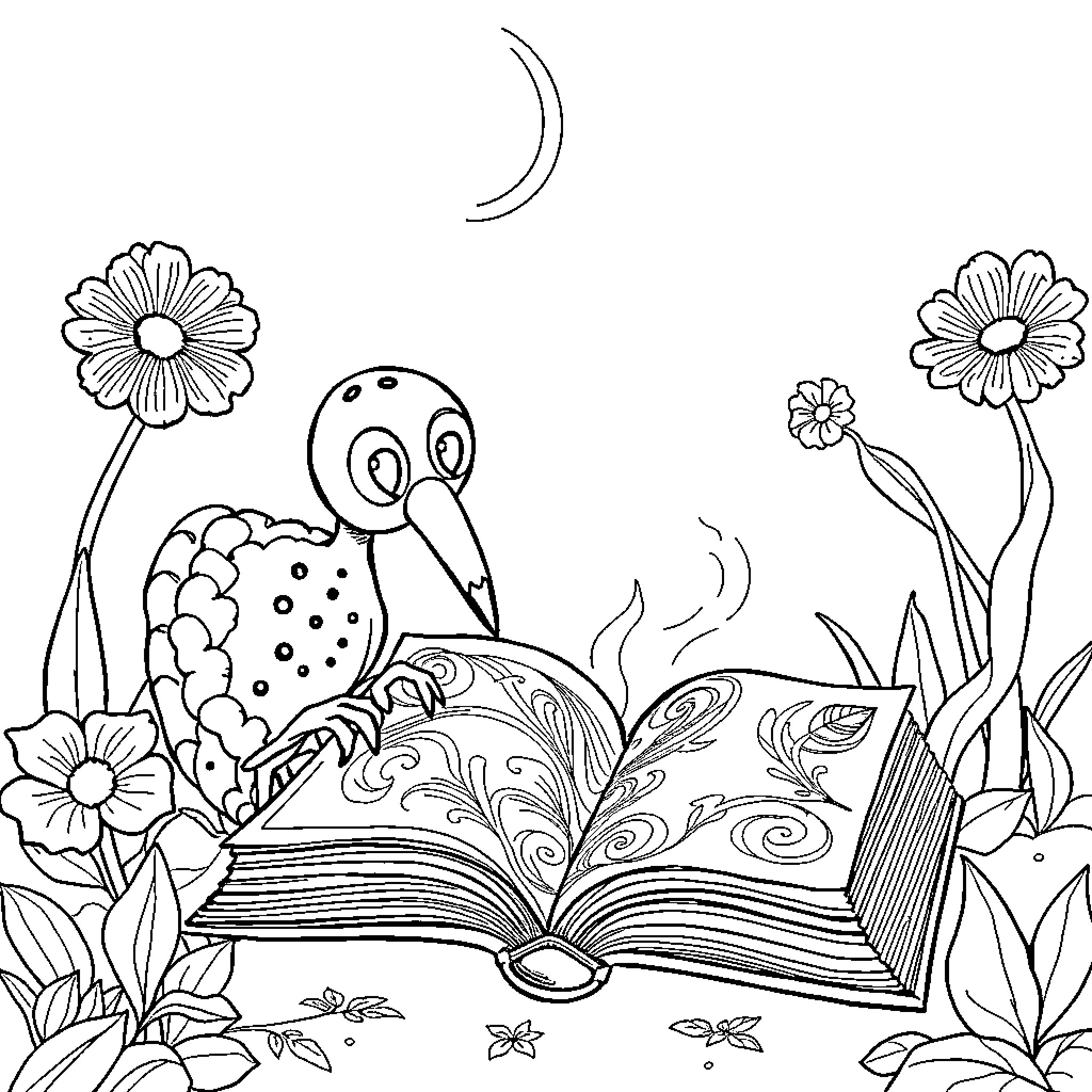Pencil illustration of whimsical bird exploring open book Coloring Page (free black-and-white line drawing printable PDF for all, from beginners to advanced learners, including children, teens, adults, and seniors)