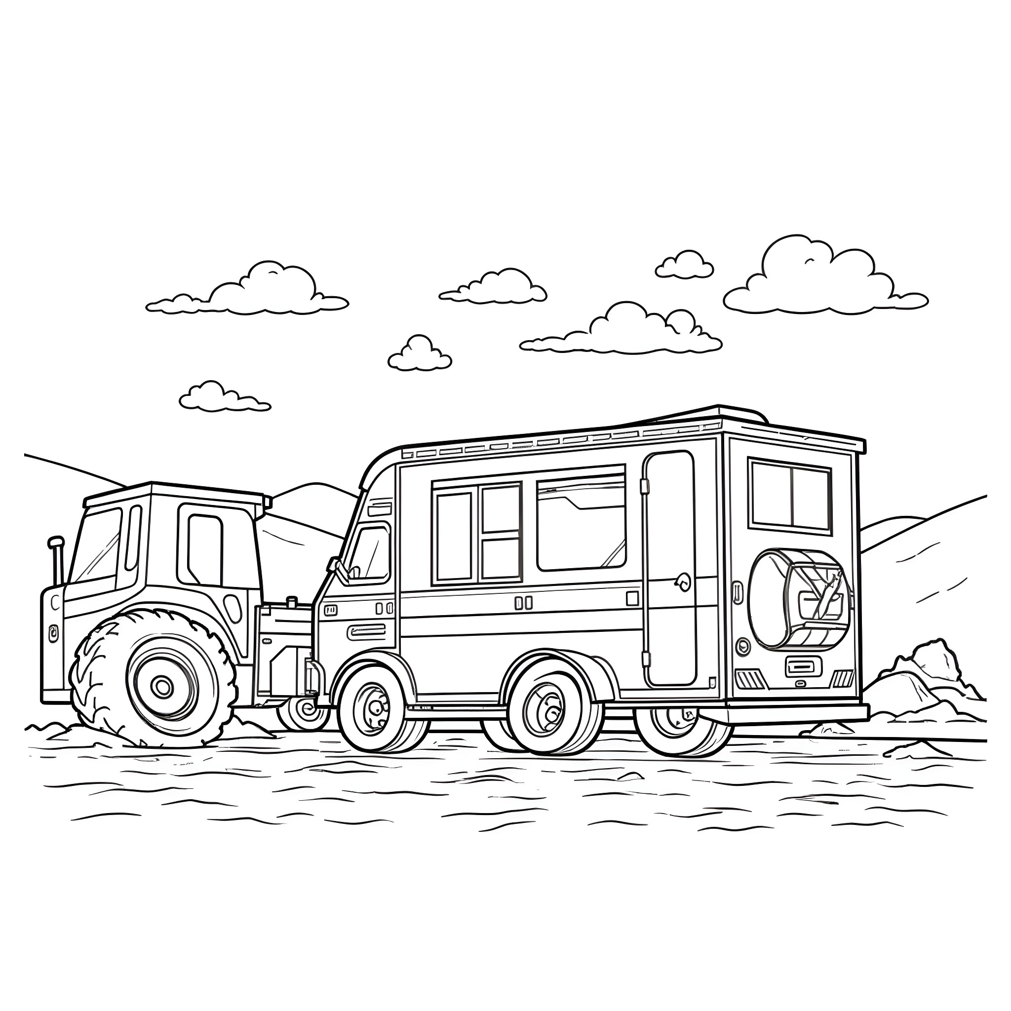 Trailer of a camper van driving on the road Coloring Page (free black-and-white line drawing printable PDF for all, from beginners to advanced learners, including children, teens, adults, and seniors)