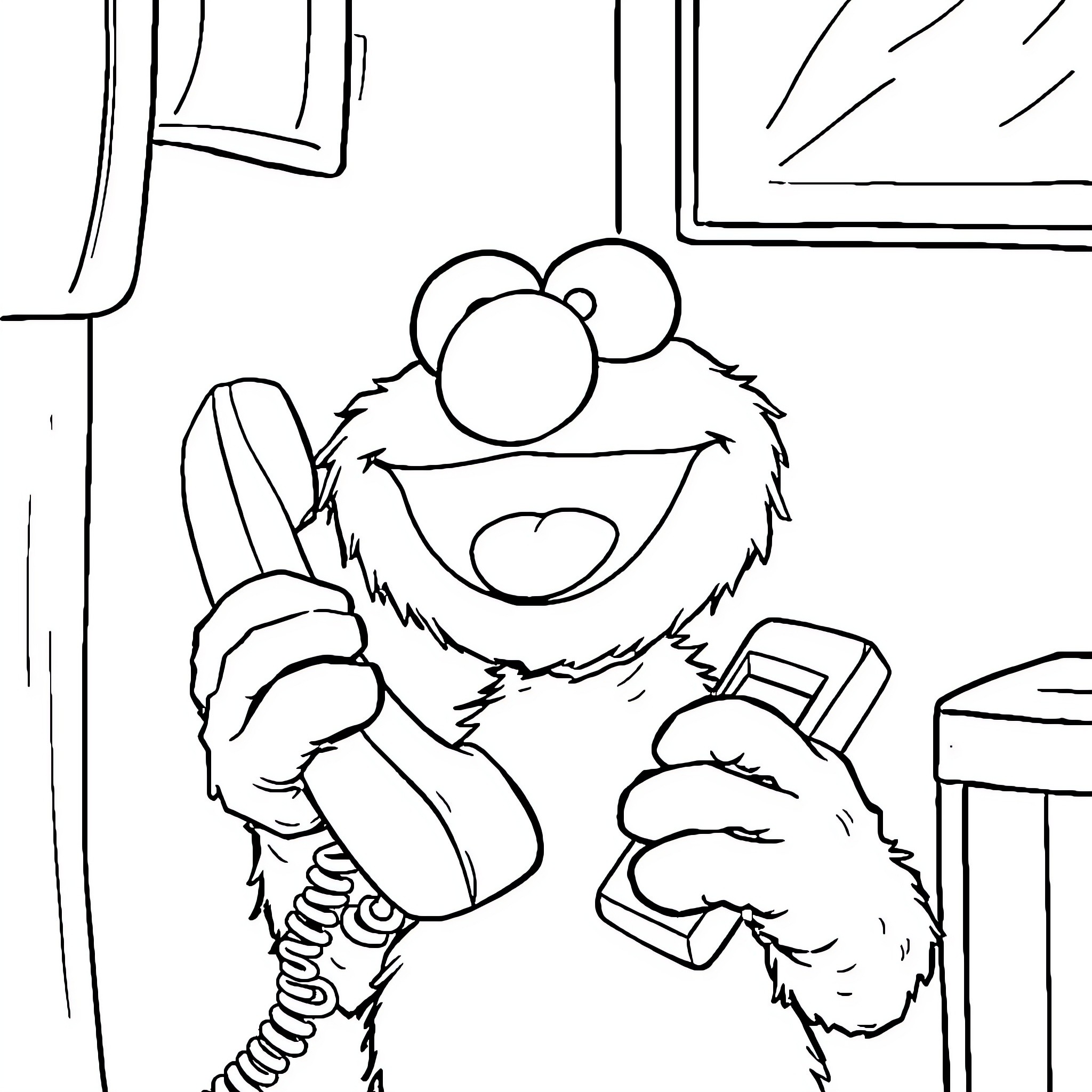 Elmo Enjoying a Video Game in the Room Coloring Page (free black-and-white line drawing printable PDF for all, from beginners to advanced learners, including children, teens, adults, and seniors)