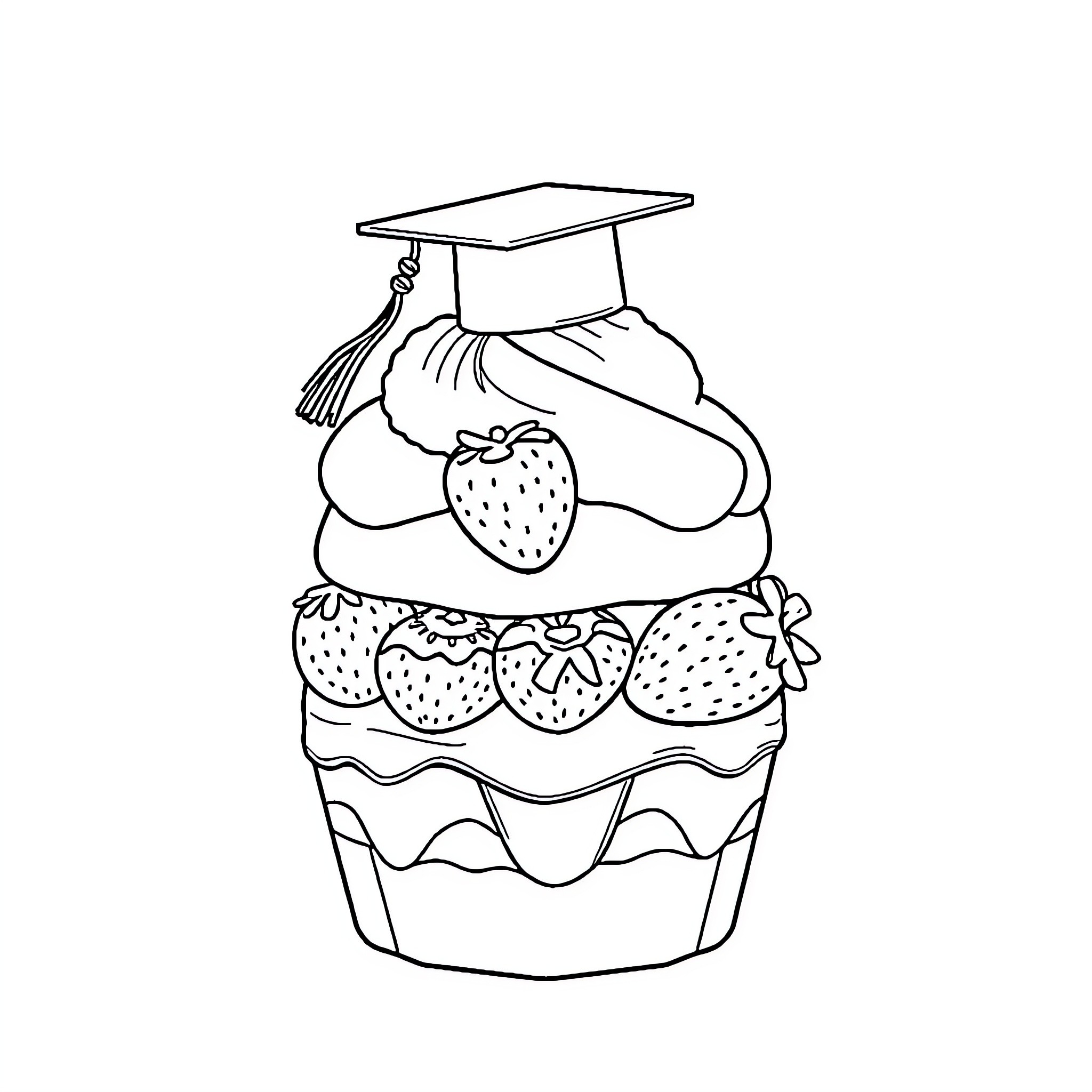 Strawberry Shortcake with Graduation Cap Coloring Page (free black-and-white line drawing printable PDF for all, from beginners to advanced learners, including children, teens, adults, and seniors)