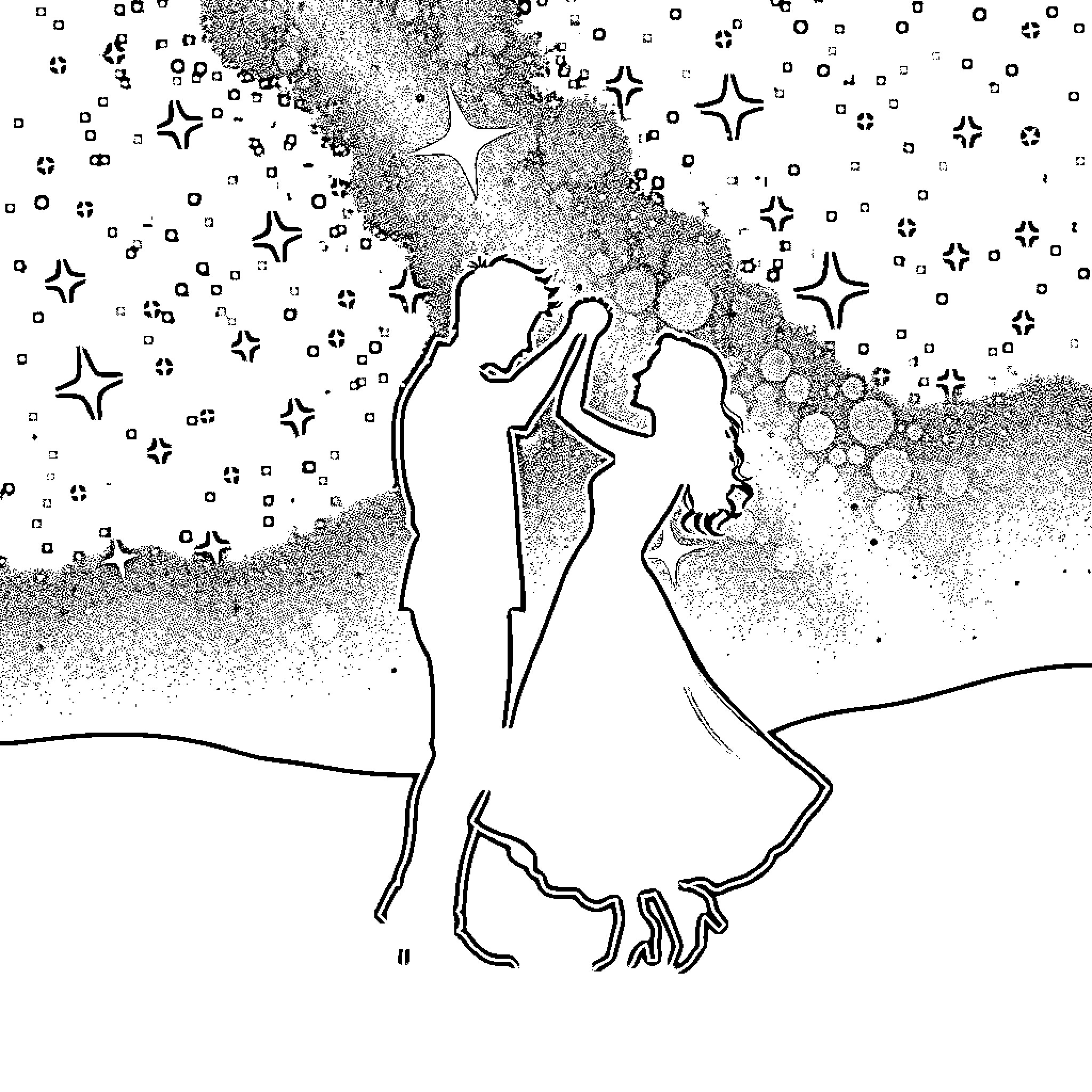 Couple in romantic starry night scene Coloring Page (free black-and-white line drawing printable PDF for all, from beginners to advanced learners, including children, teens, adults, and seniors)