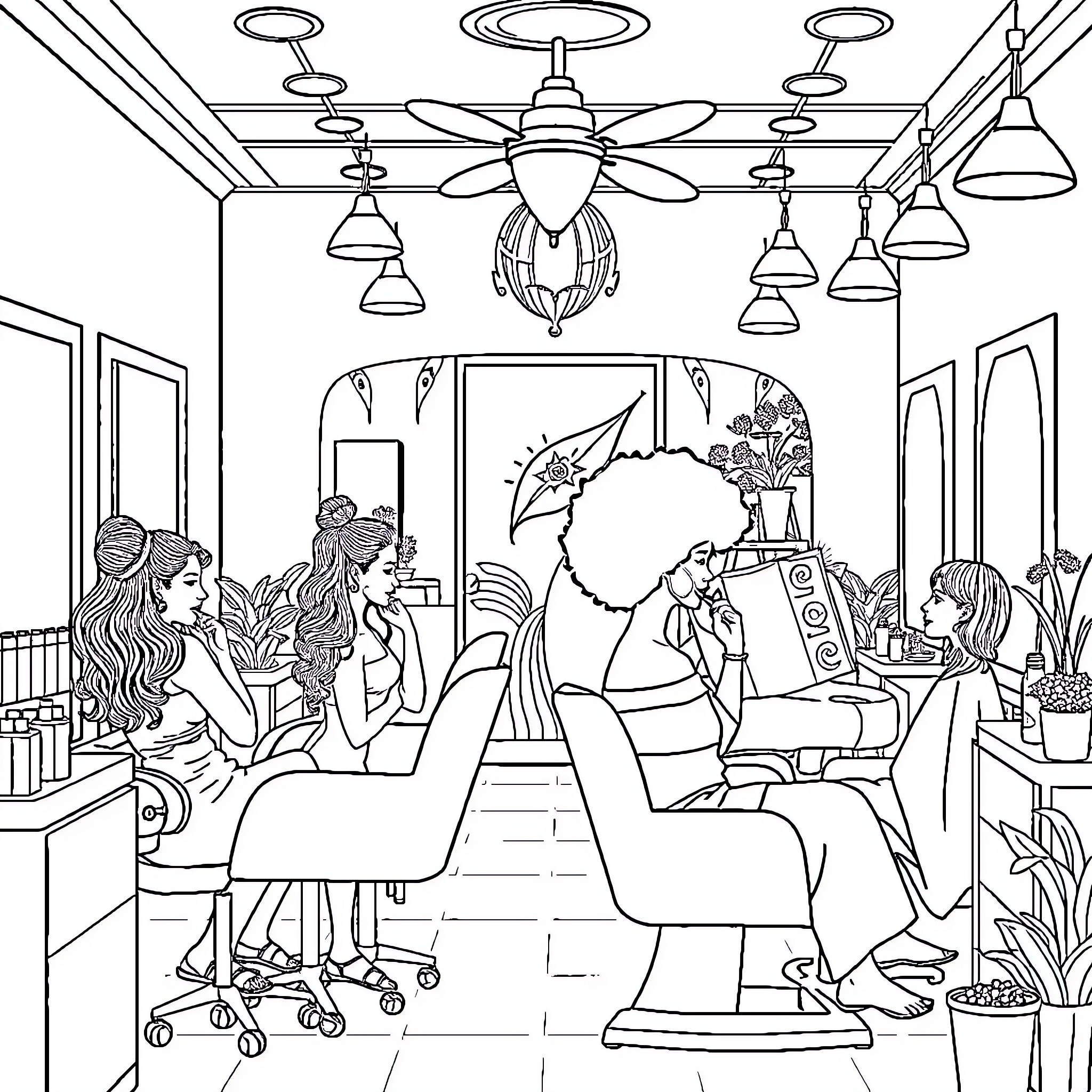 Women at the Hair Salon Coloring Page (free black-and-white line drawing printable PDF for all, from beginners to advanced learners, including children, teens, adults, and seniors)