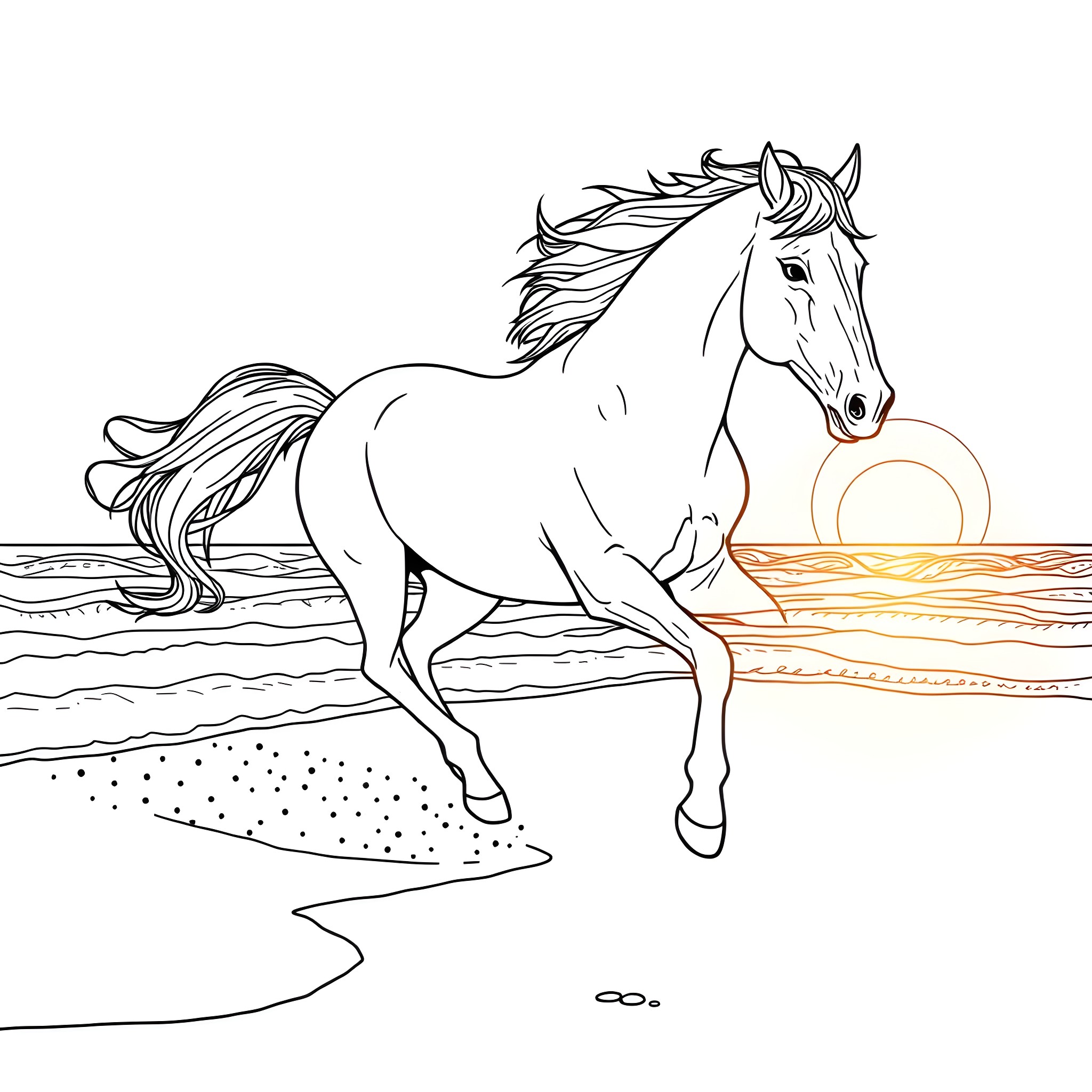 Horse galloping through a desert landscape Coloring Page (free black-and-white line drawing printable PDF for all, from beginners to advanced learners, including children, teens, adults, and seniors)