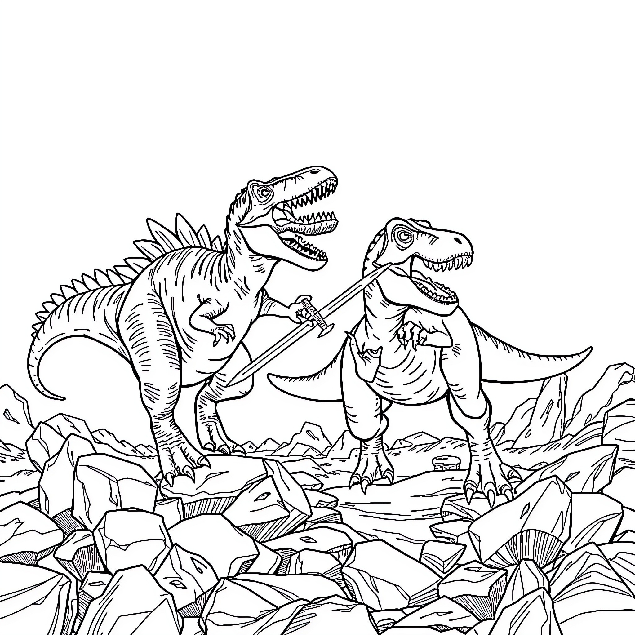 Spinosaurus exploring prehistoric landscape with other dinosaurs Coloring Page (free black-and-white line drawing printable PDF for all, from beginners to advanced learners, including children, teens, adults, and seniors)