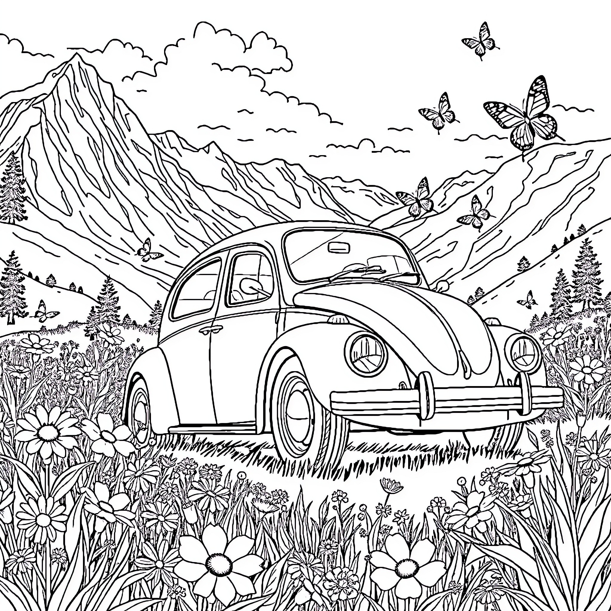 Volkswagen Beetle enjoying the scenic mountain landscape Coloring Page (free black-and-white line drawing printable PDF for all, from beginners to advanced learners, including children, teens, adults, and seniors)