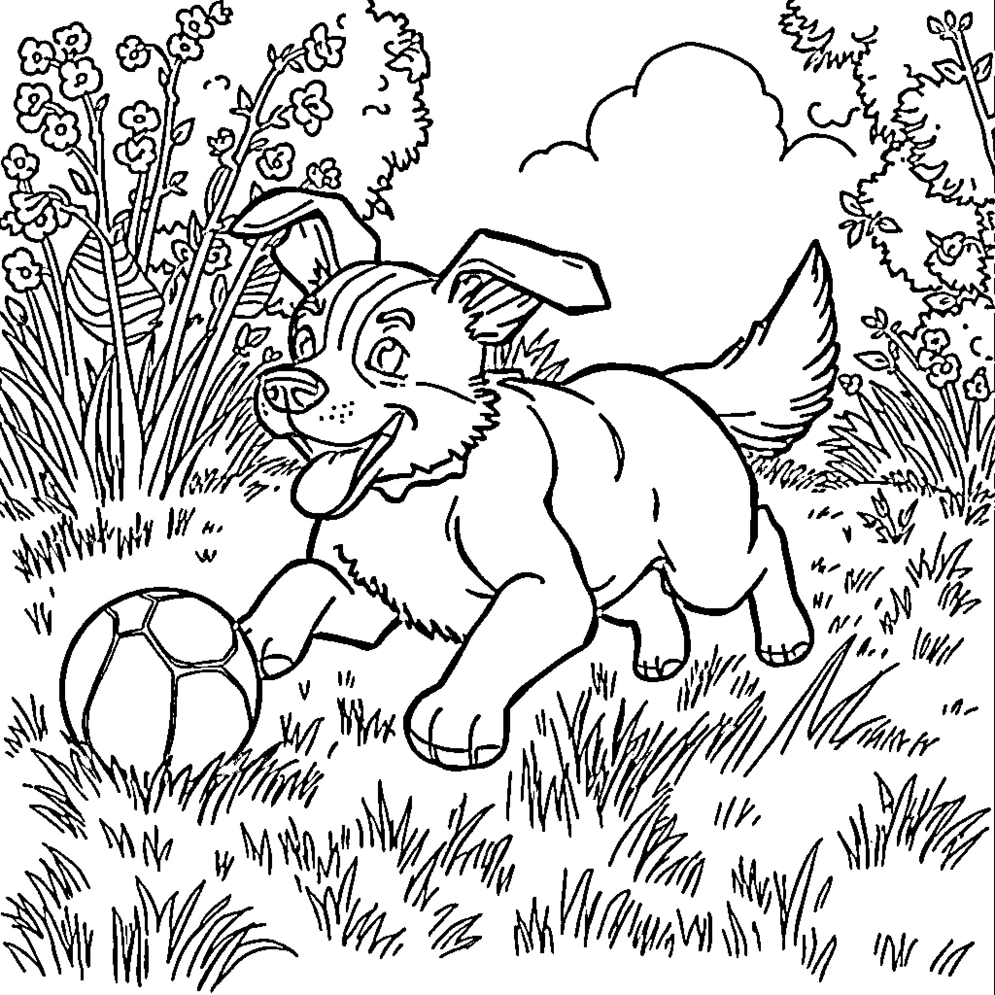 Dog playing joyfully with ball in nature Coloring Page (free black-and-white line drawing printable PDF for all, from beginners to advanced learners, including children, teens, adults, and seniors)