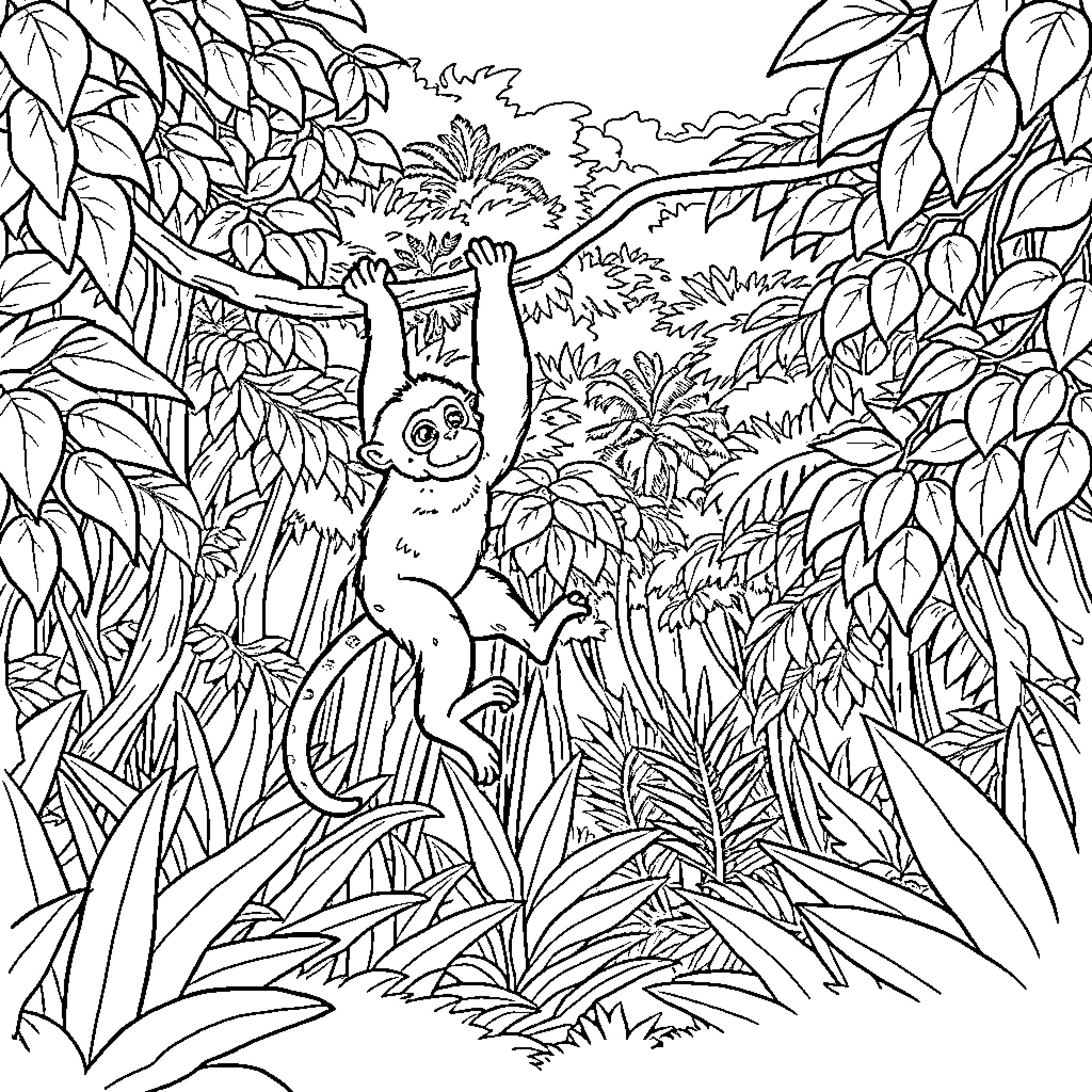 Monkey swinging through lush jungle foliage Coloring Page (free black-and-white line drawing printable PDF for all, from beginners to advanced learners, including children, teens, adults, and seniors)