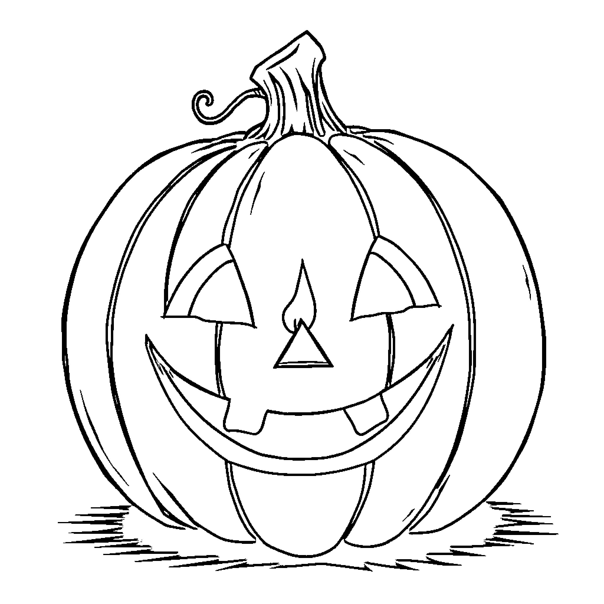 Jack-o'-lantern with a happy expression Coloring Page (free black-and-white line drawing printable PDF for all, from beginners to advanced learners, including children, teens, adults, and seniors)