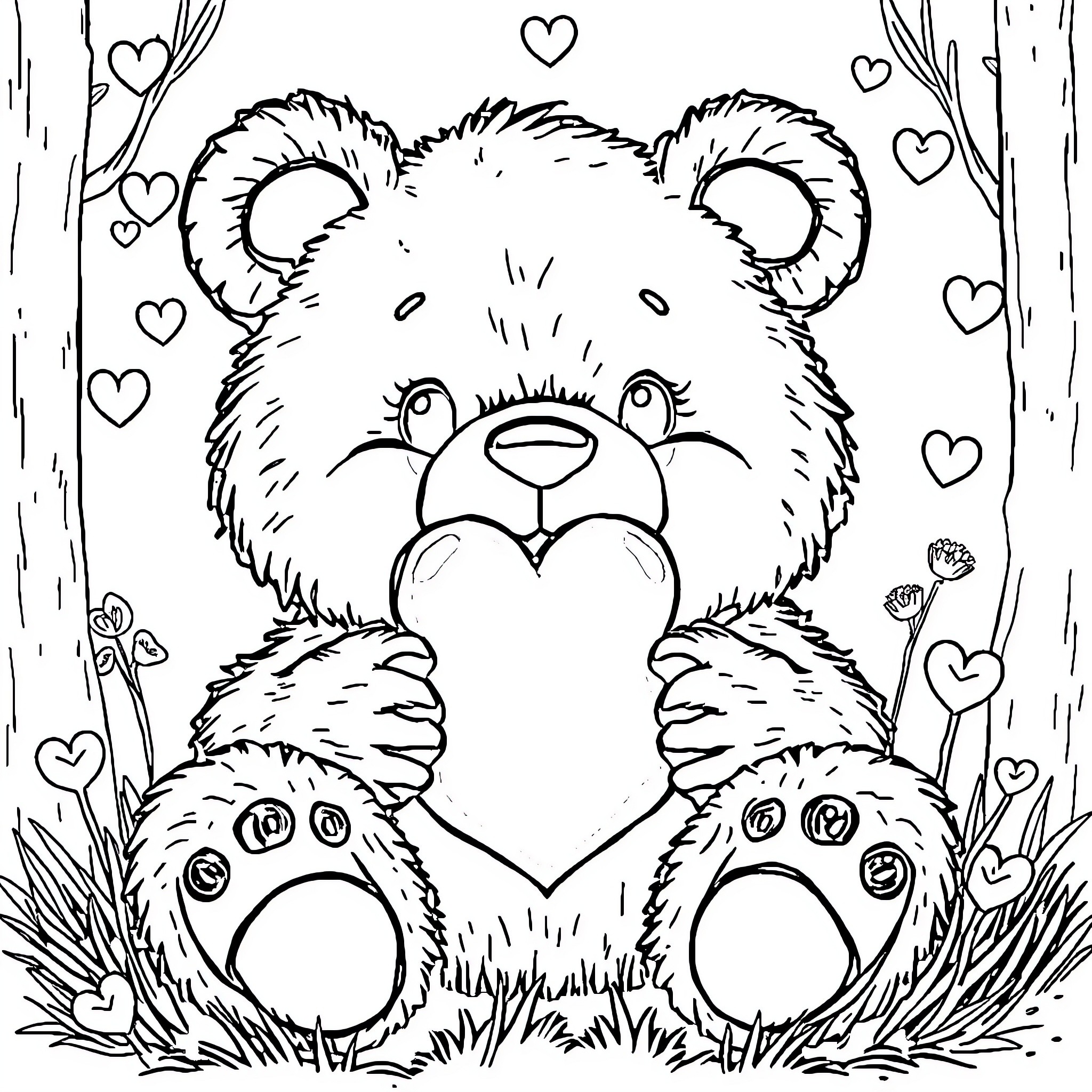Teddy Bear holding a heart in the forest Coloring Page (free black-and-white line drawing printable PDF for all, from beginners to advanced learners, including children, teens, adults, and seniors)