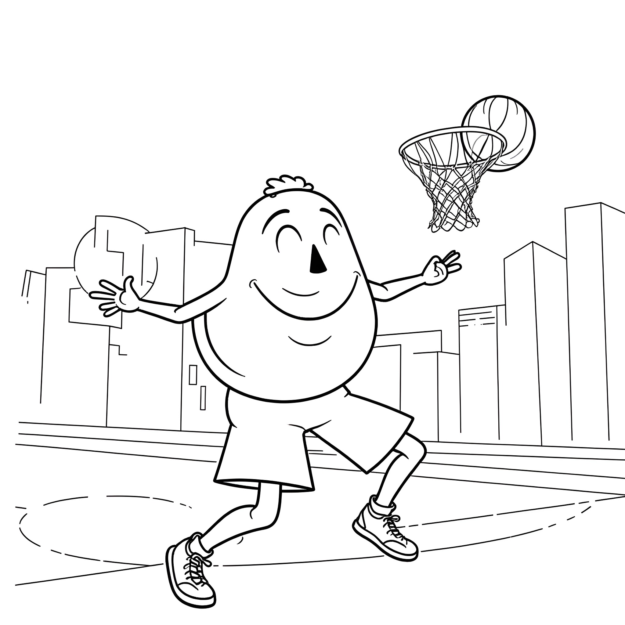 Koolaid Man playing basketball in the city Coloring Page (free black-and-white line drawing printable PDF for all, from beginners to advanced learners, including children, teens, adults, and seniors)